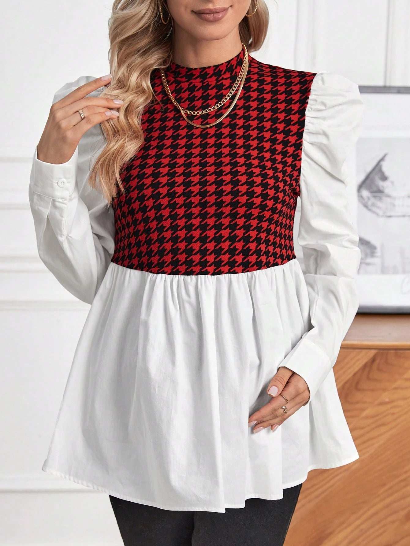 بلوزة 2 في 1 طباعة نقش مسنن اكمام شكل ساق الضأن زخارف للأمومة - Pink&blue