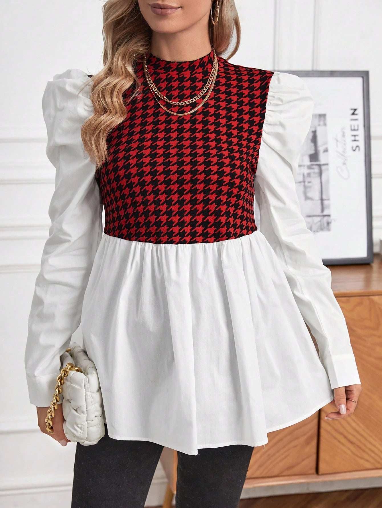 بلوزة 2 في 1 طباعة نقش مسنن اكمام شكل ساق الضأن زخارف للأمومة - Pink&blue