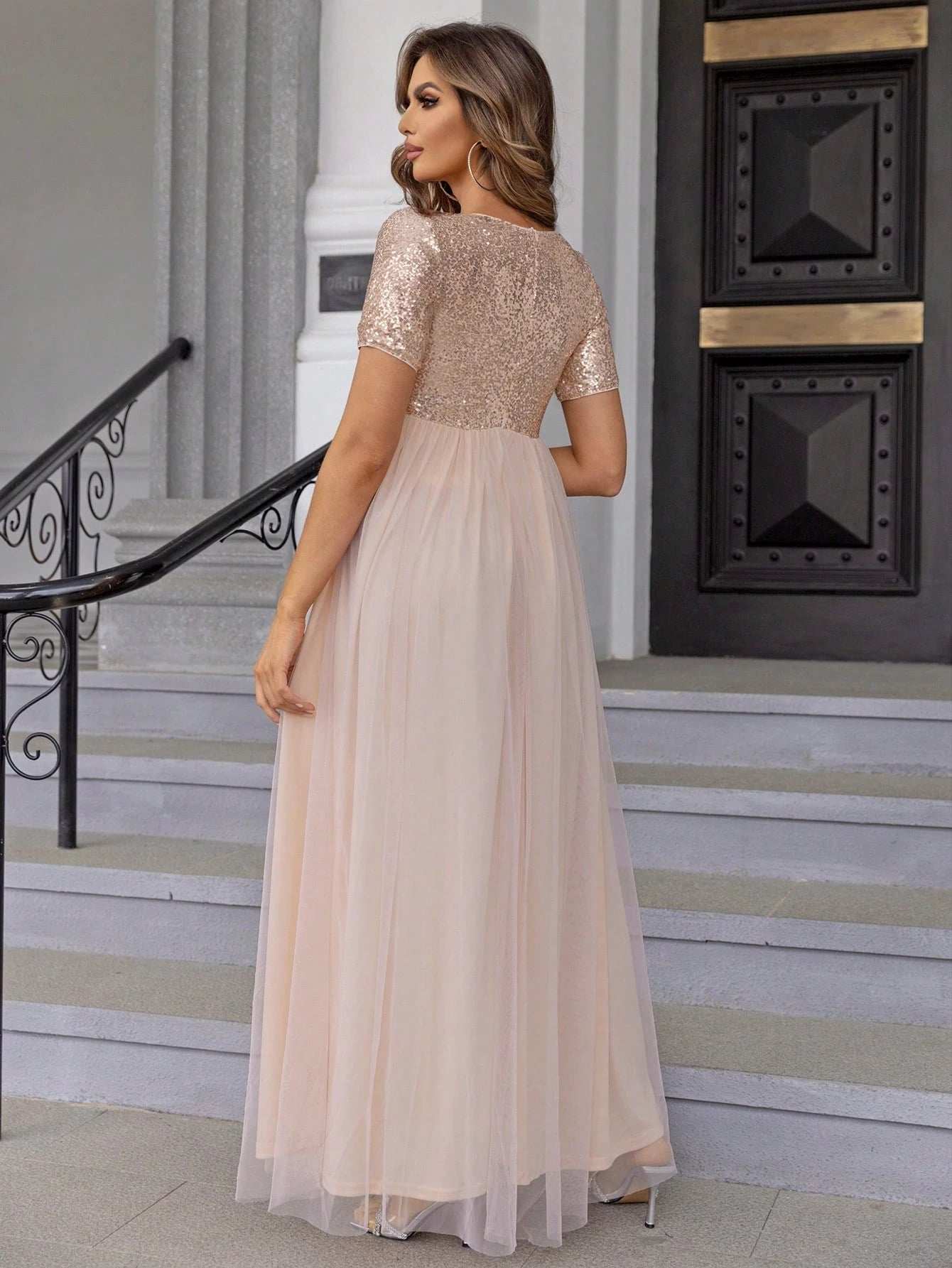 فستان أنيق من التول المرصع بالترتر للحوامل، مناسب للحفلات - Pink&blue