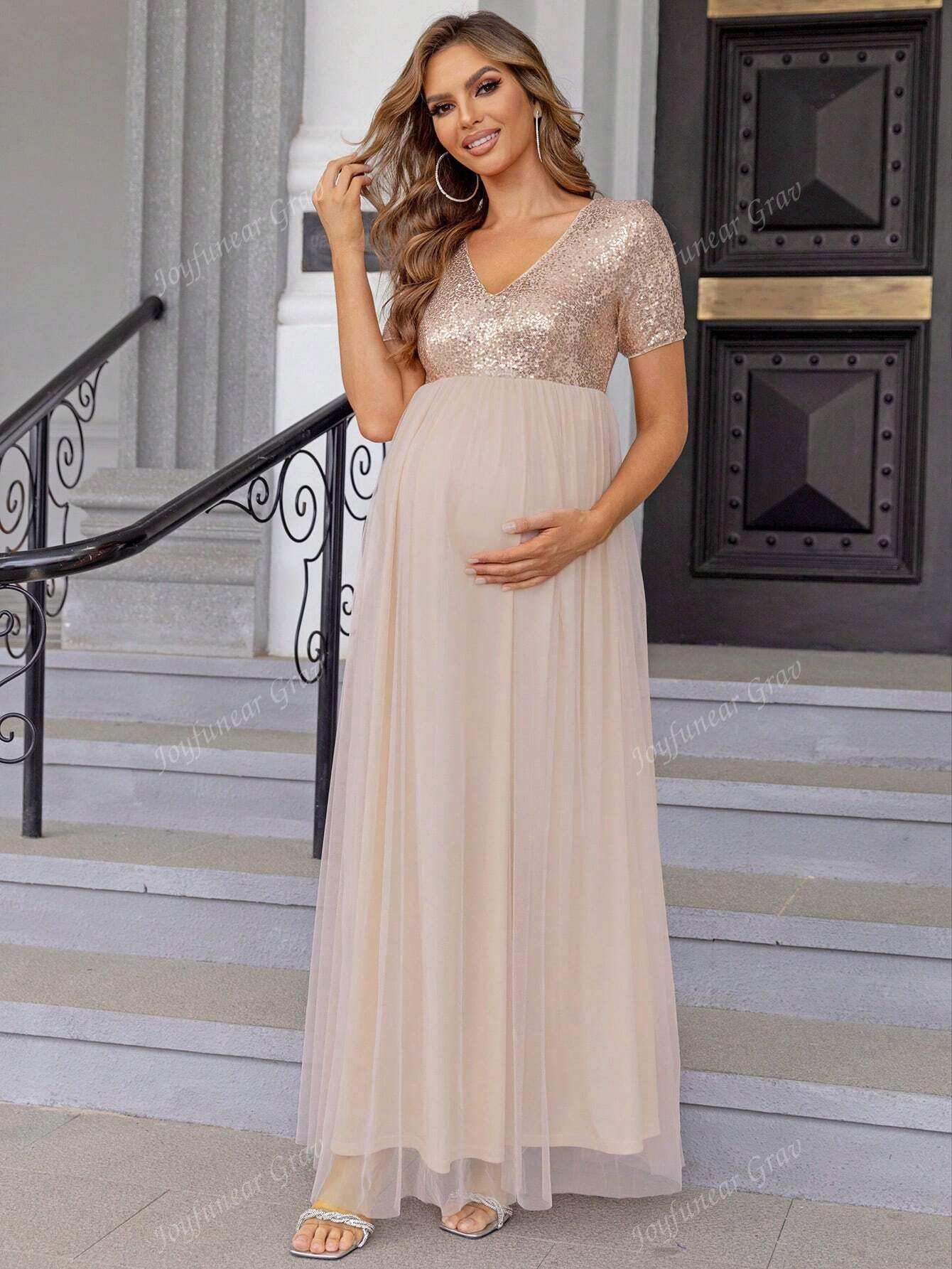 فستان أنيق من التول المرصع بالترتر للحوامل، مناسب للحفلات - Pink&blue