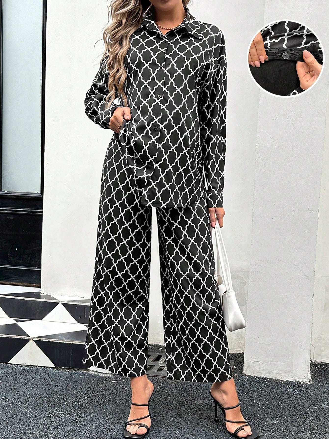 قميص مريح فضفاض عصري للحوامل مع ياقة وأكمام طويلة 2قطعة/طقم - Pink&blue