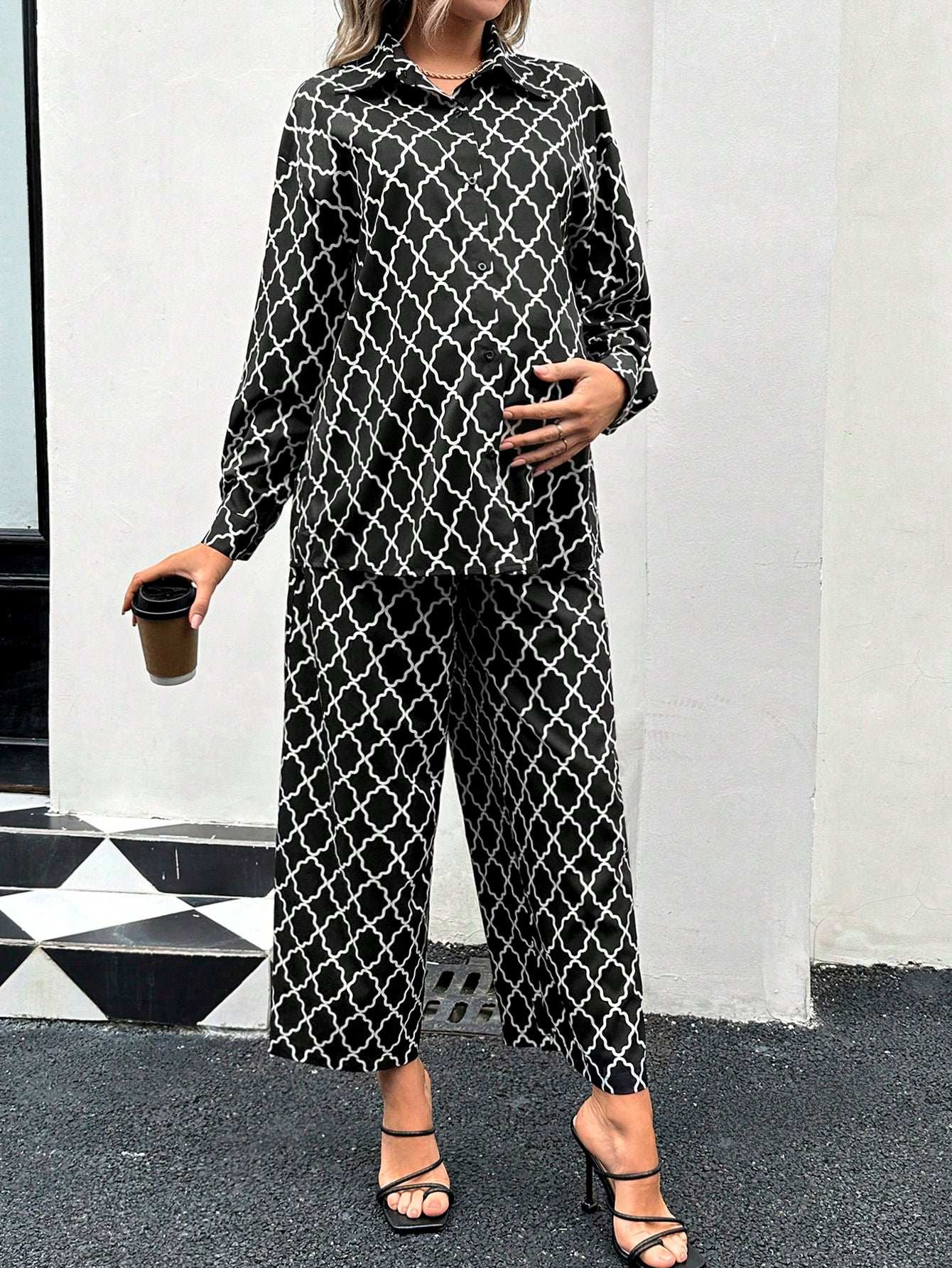 قميص مريح فضفاض عصري للحوامل مع ياقة وأكمام طويلة 2قطعة/طقم - Pink&blue