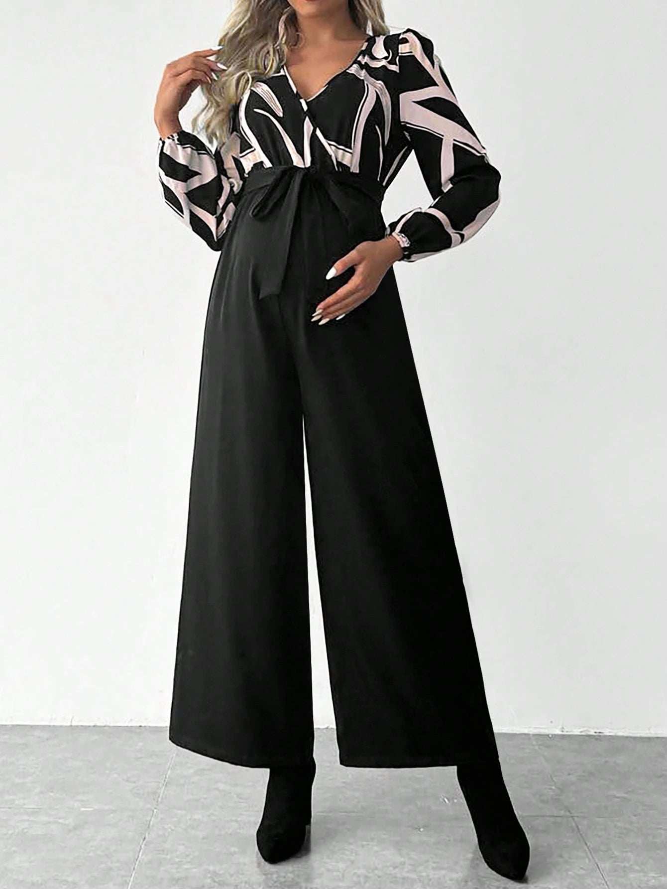 جمبسوت بأكمام فانوس مطبوعة للحوامل مع حزام - Pink&blue