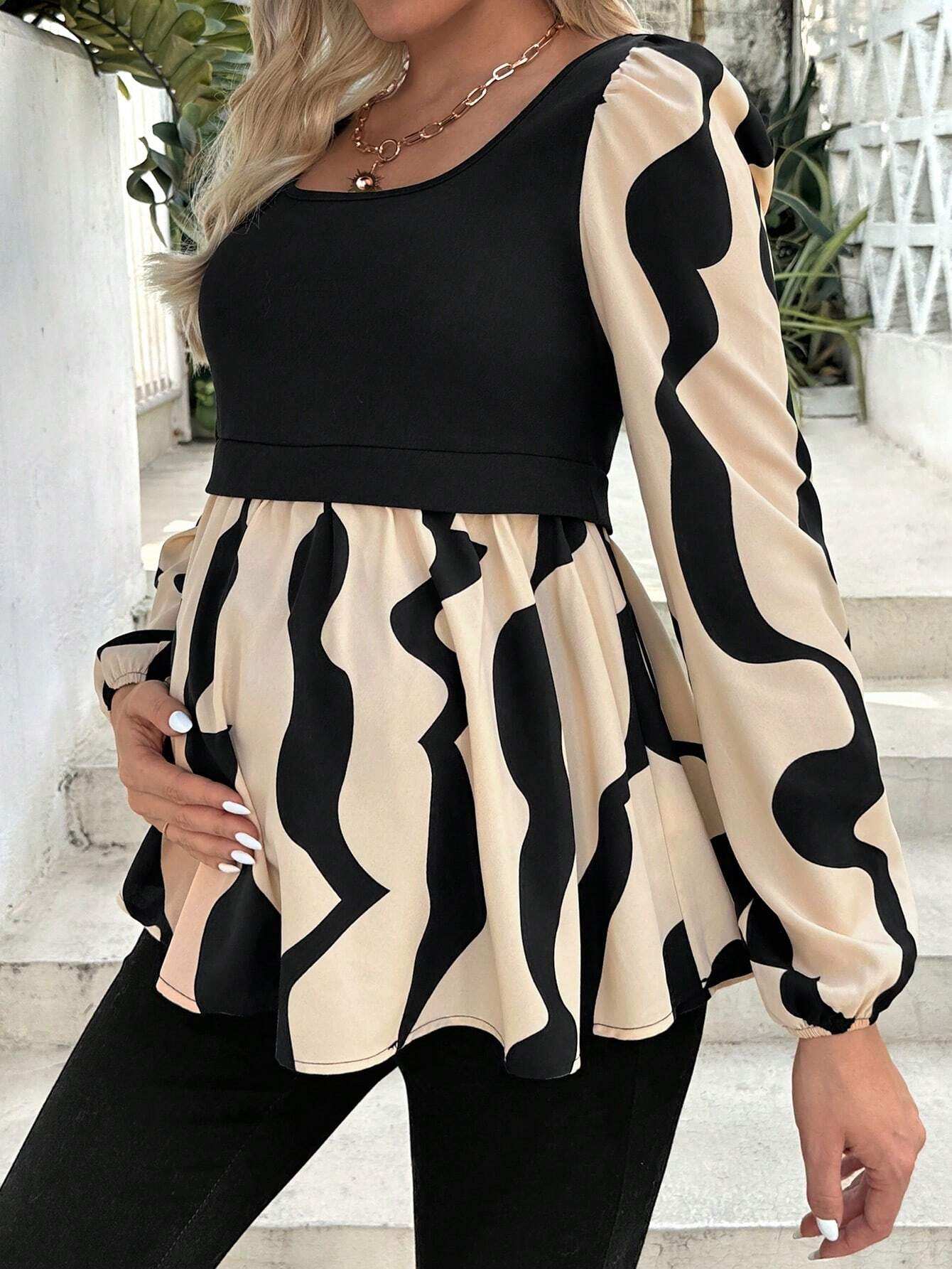 الأمومة طباعة المرقعة فانوس كم القميص - Pink&blue