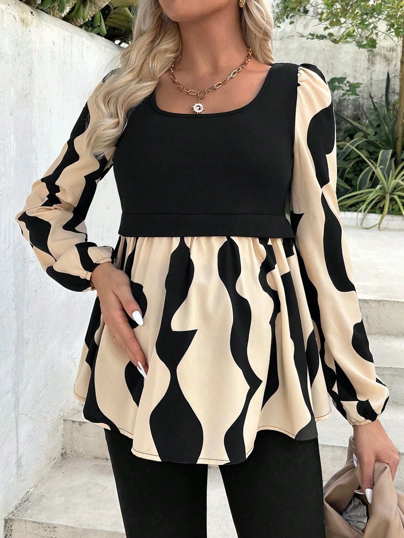 الأمومة طباعة المرقعة فانوس كم القميص - Pink&blue