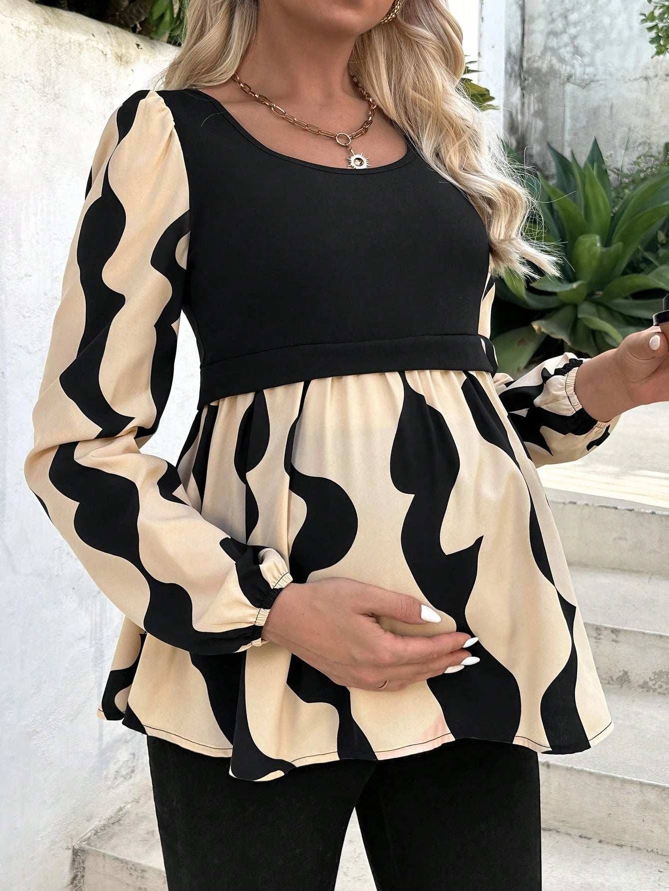 الأمومة طباعة المرقعة فانوس كم القميص - Pink&blue