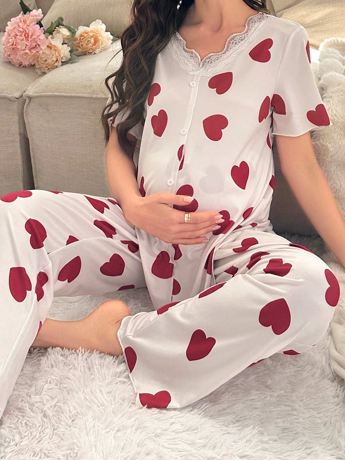 طقم بيجامة قصيرة الأكمام بطبعة قلب للأمومة - Pink&blue