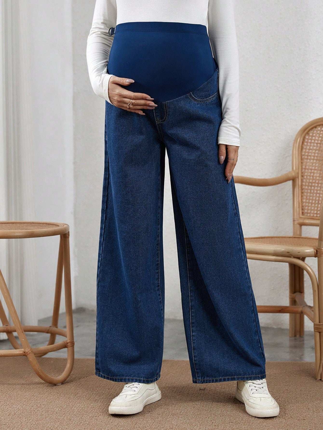 سراويل جينز ذات تنورة متدلية والخصر قابل للتعديل مناسبة للحوامل - Pink&blue