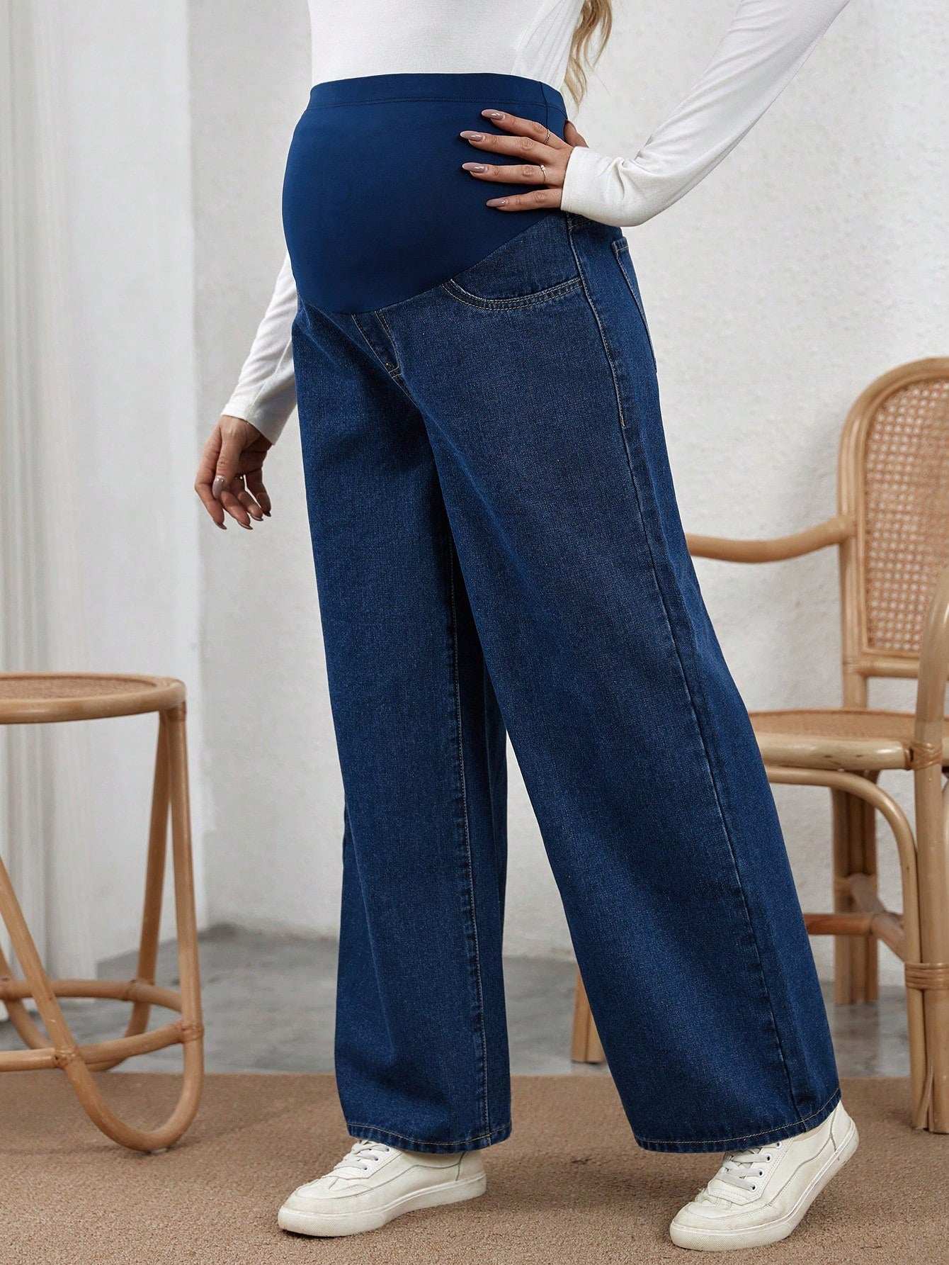 سراويل جينز ذات تنورة متدلية والخصر قابل للتعديل مناسبة للحوامل - Pink&blue