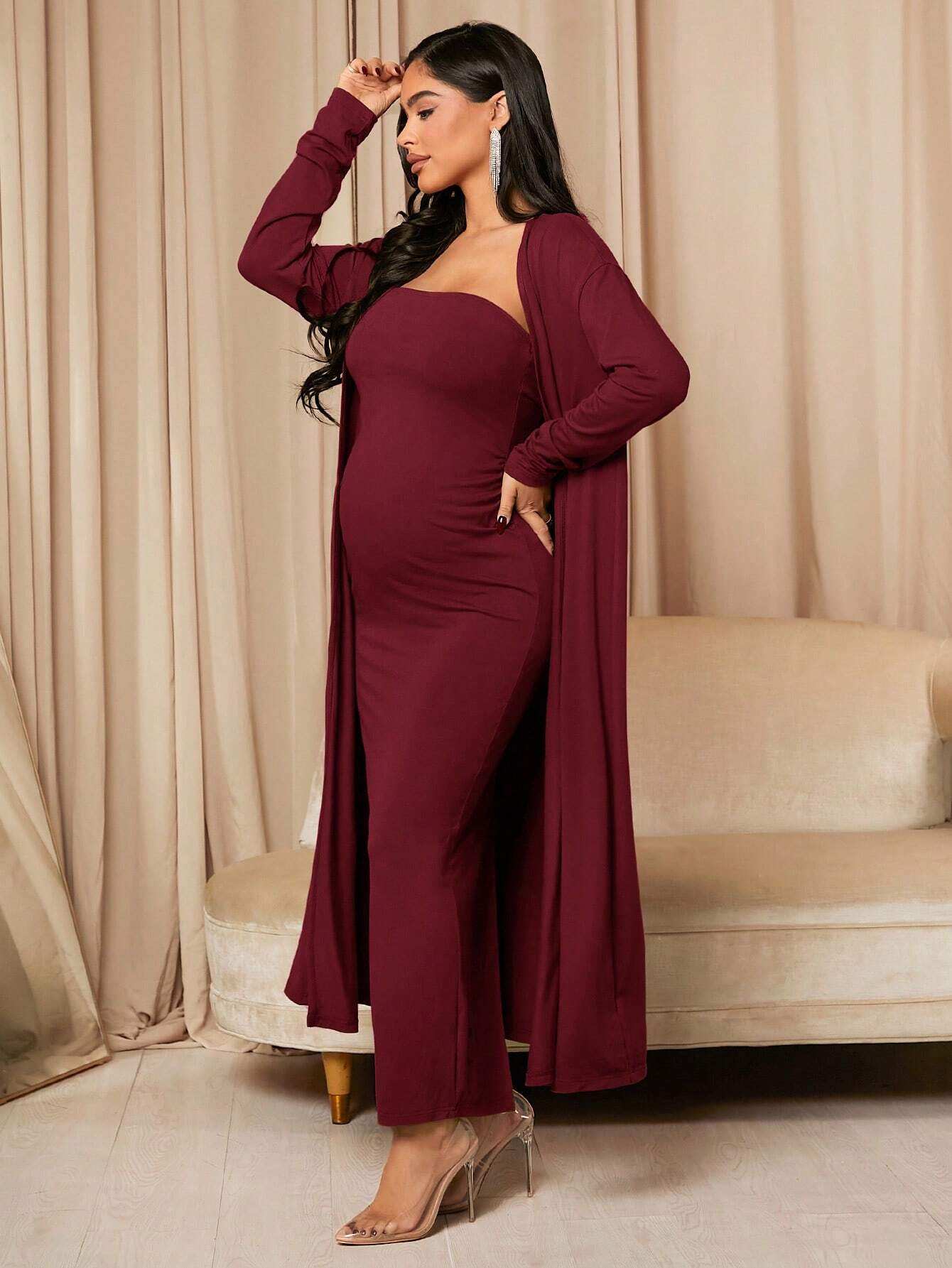 بدلة معطف لحمل بلا أكمام باللون الصلب و فستان ضيق بلا أشرطة طويل الأكمام - Pink&blue