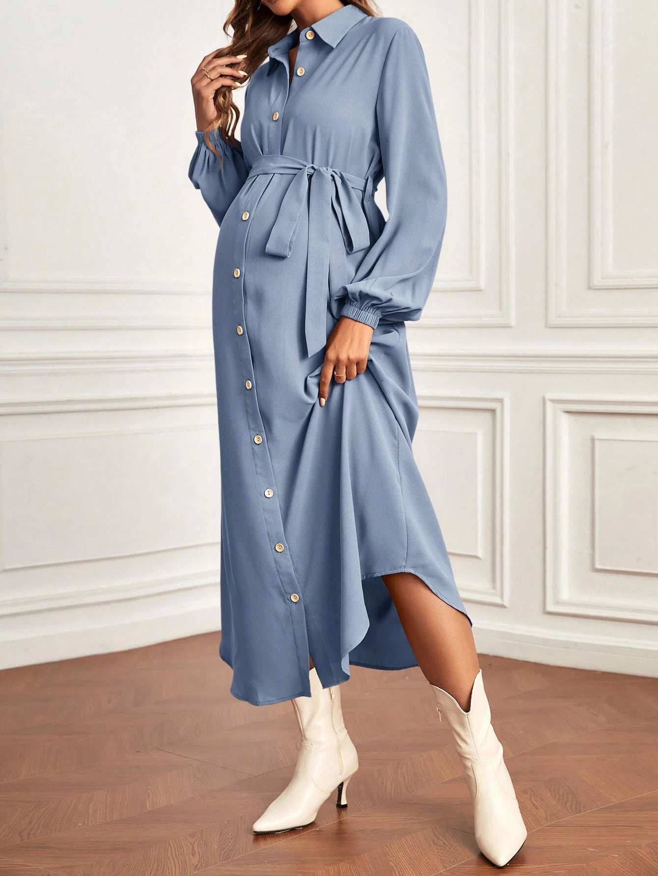 فستان قميص بحزام بأكمام فانوس الأمومة - Pink&blue