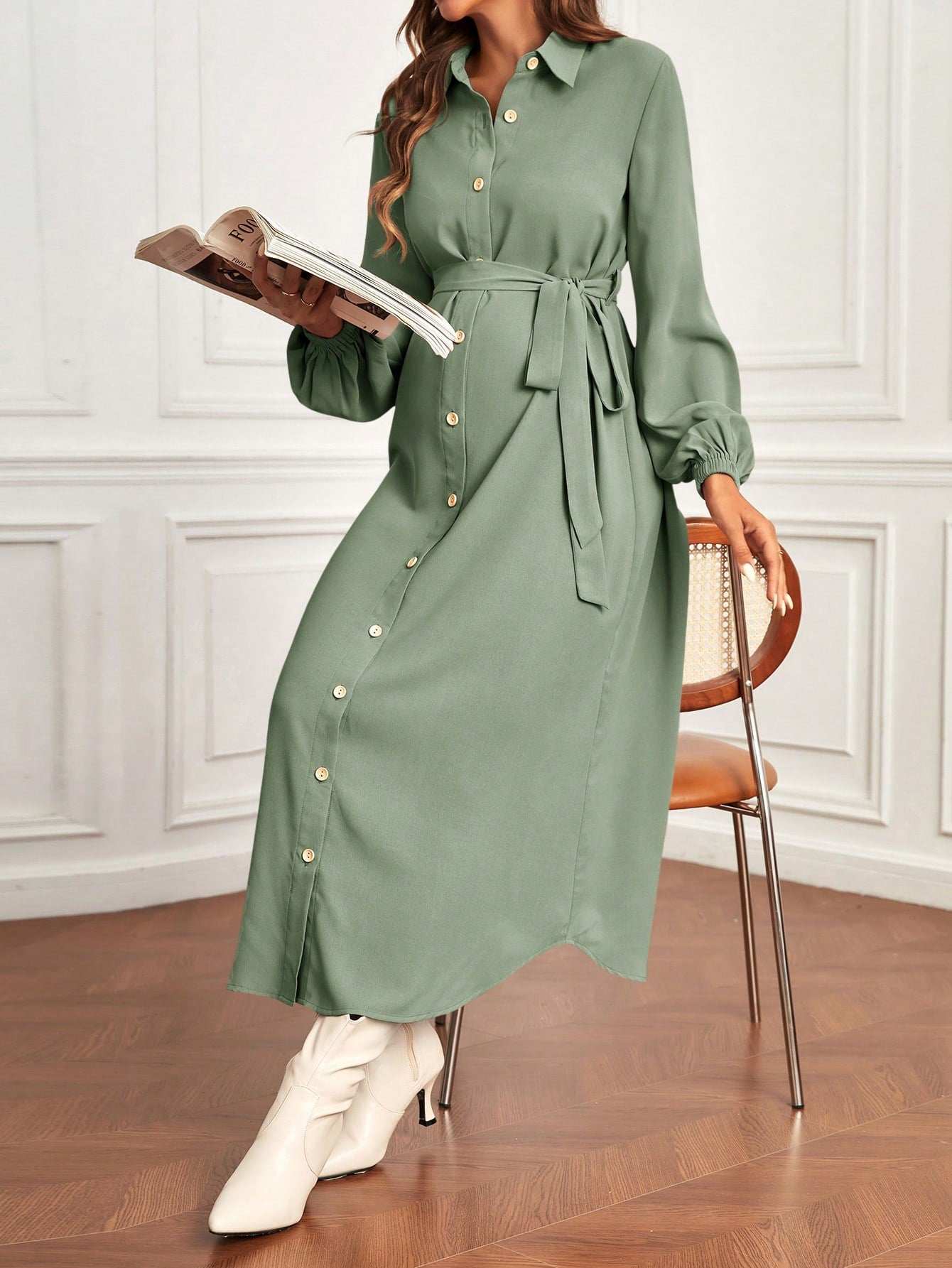 فستان قميص بحزام بأكمام فانوس الأمومة - Pink&blue