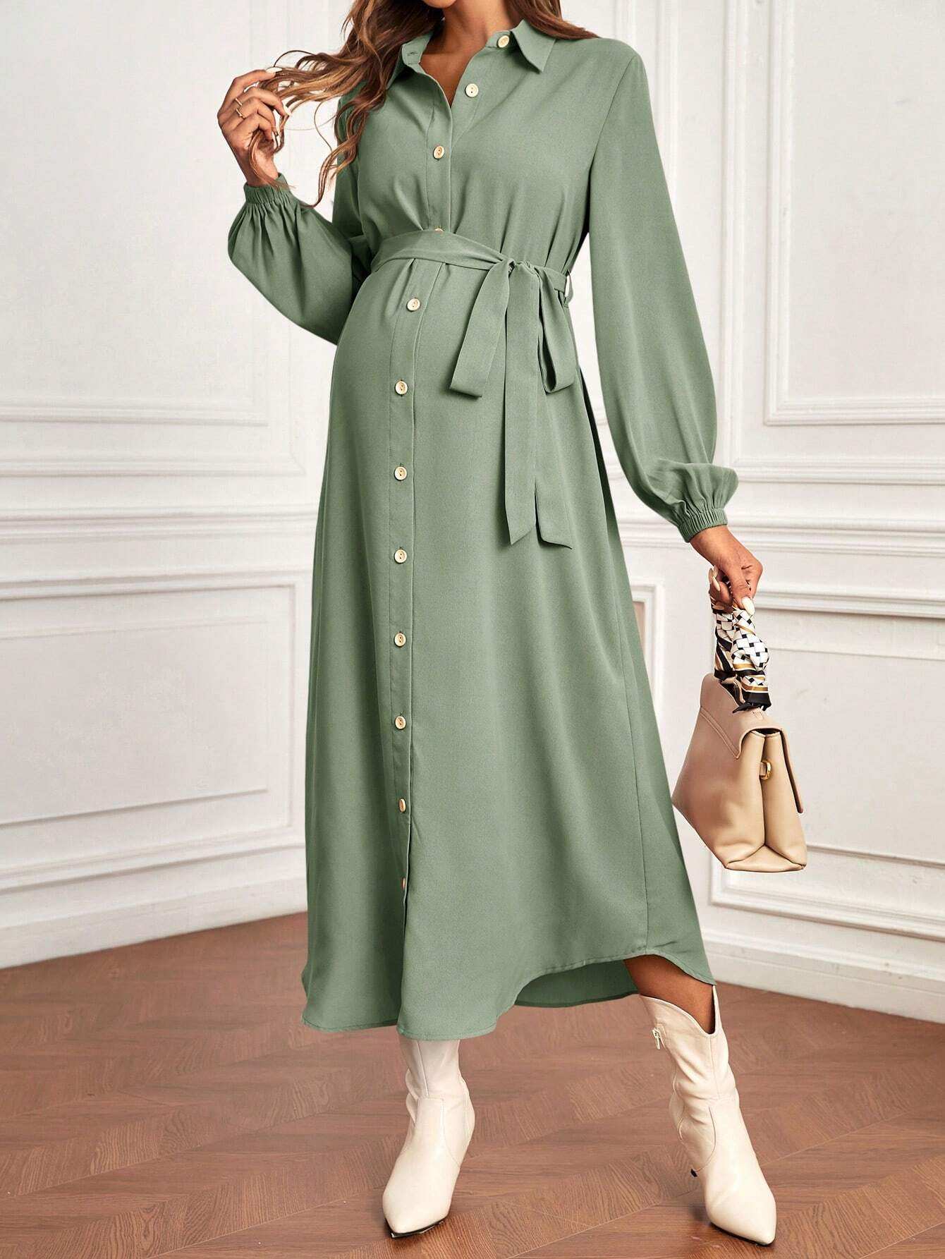 فستان قميص بحزام بأكمام فانوس الأمومة - Pink&blue