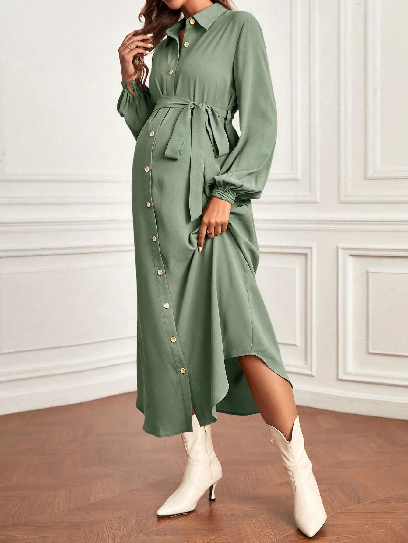 فستان قميص بحزام بأكمام فانوس الأمومة - Pink&blue