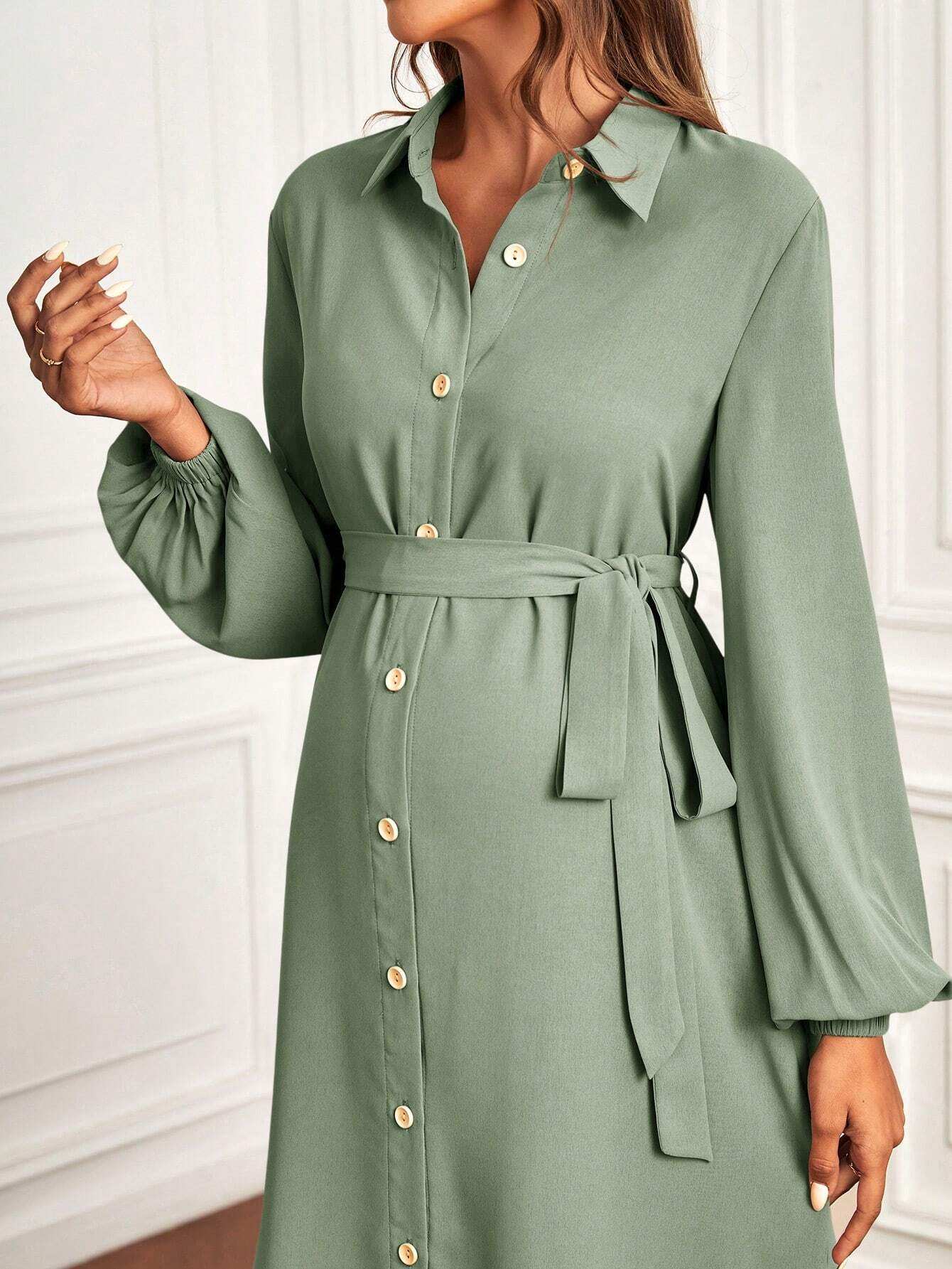 فستان قميص بحزام بأكمام فانوس الأمومة - Pink&blue