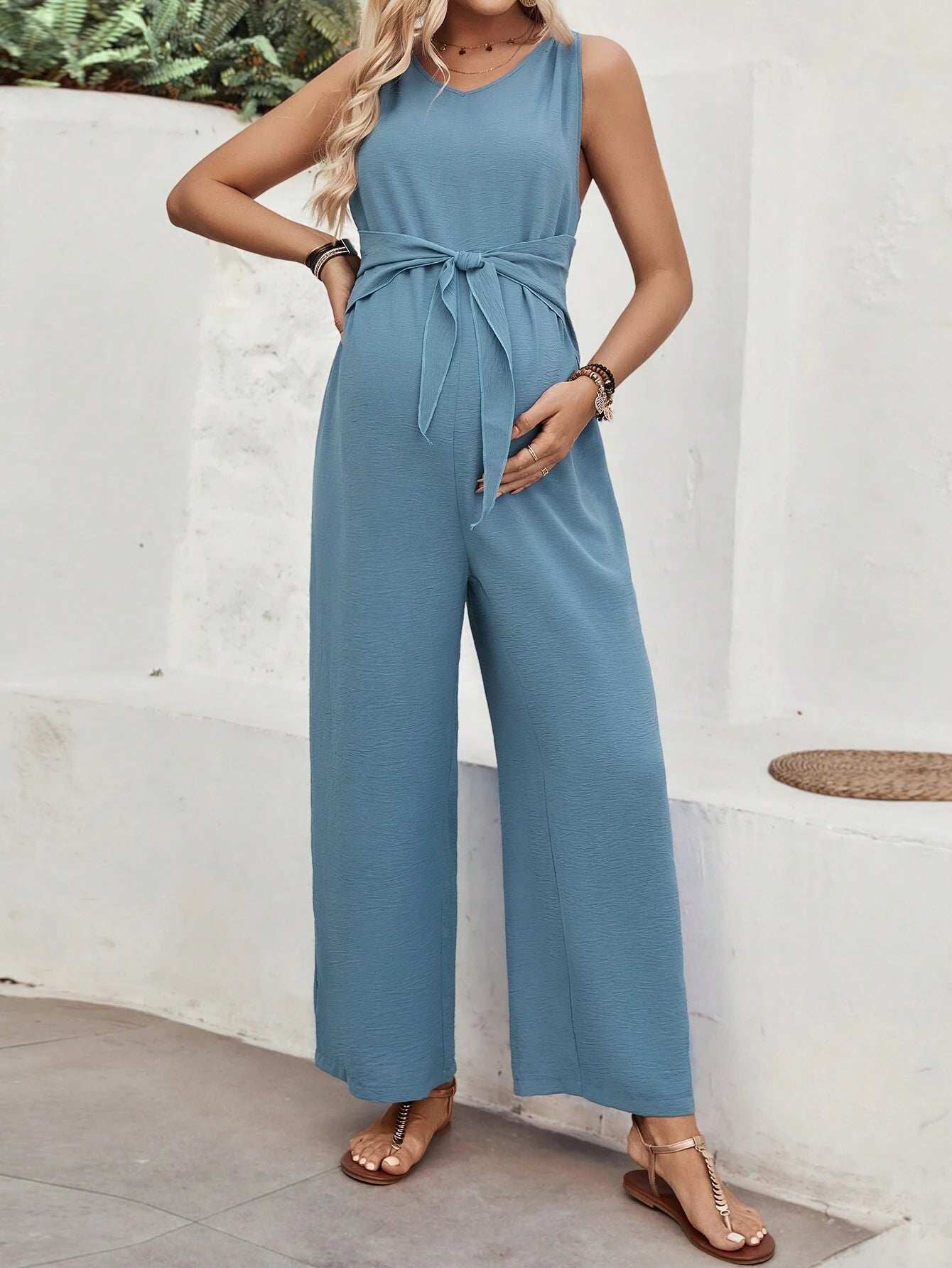 جمبسوت معقود بدون أكمام بلون سادة للأمومة - Pink&blue