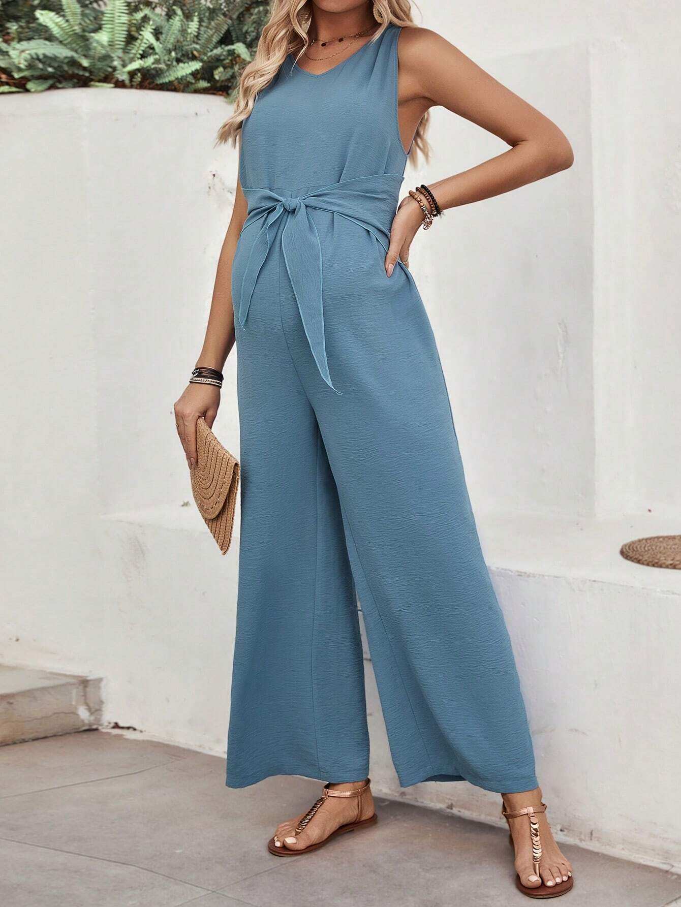 جمبسوت معقود بدون أكمام بلون سادة للأمومة - Pink&blue