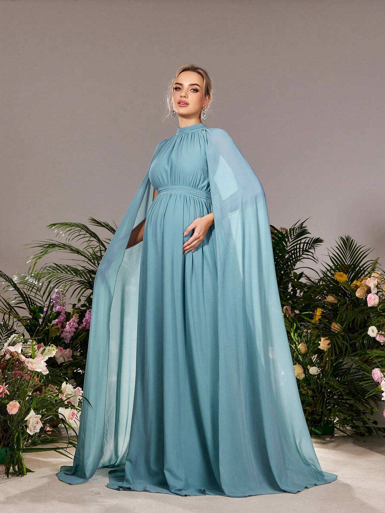 فستان سهرة رسمي من الشيفون بأكمام طويلة جدًا للحوامل من ديرساليسا - Pink&blue