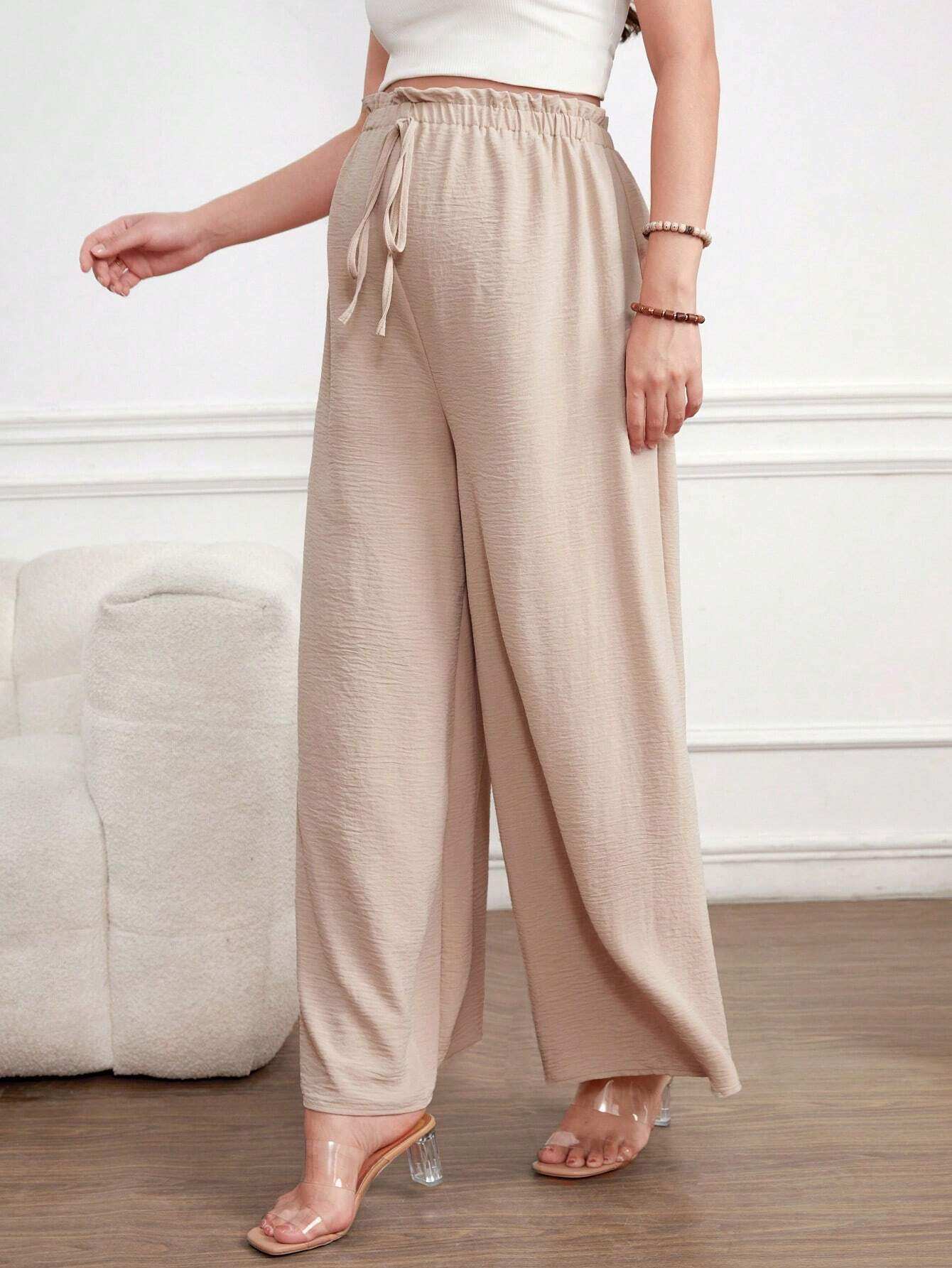 بنطلون مصمم للحوامل موضة سادة بخصر قابل للتعديل وأرجل واسعة - Pink&blue