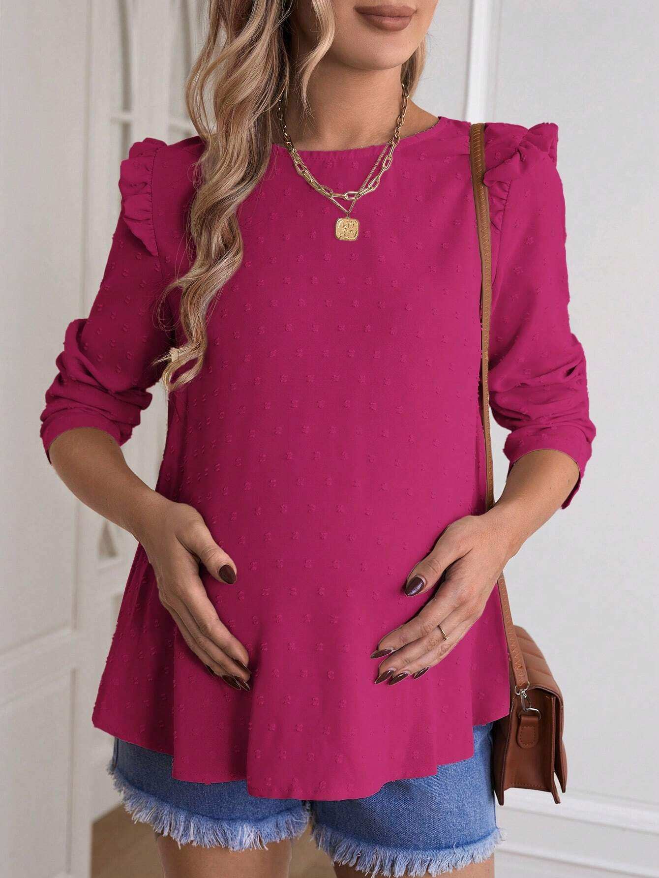 قميص أم للحمل موسم الربيع كاجوال مزين بلون الدوت السويسري وأزرار خلفية وأكمام طويلة - Pink&blue