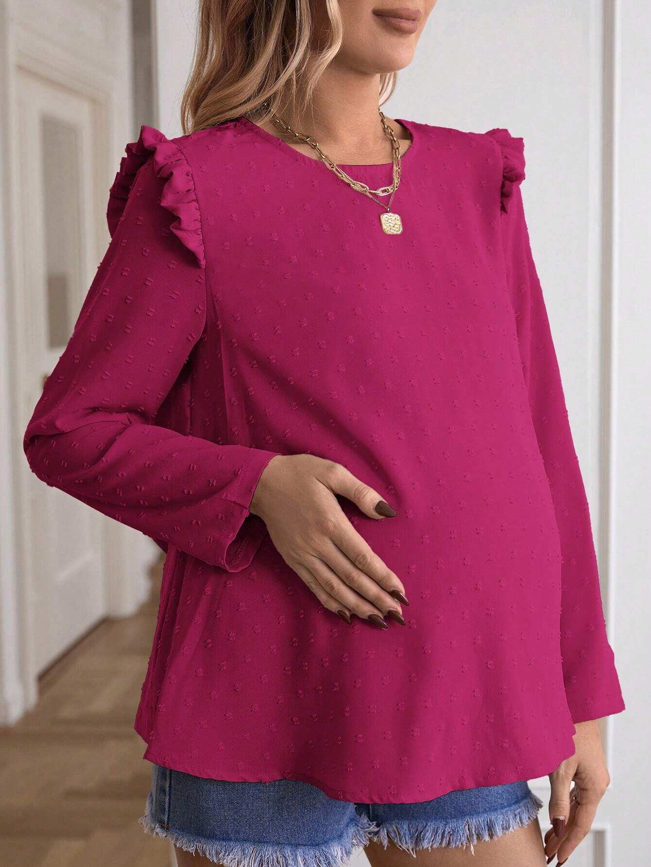 قميص أم للحمل موسم الربيع كاجوال مزين بلون الدوت السويسري وأزرار خلفية وأكمام طويلة - Pink&blue