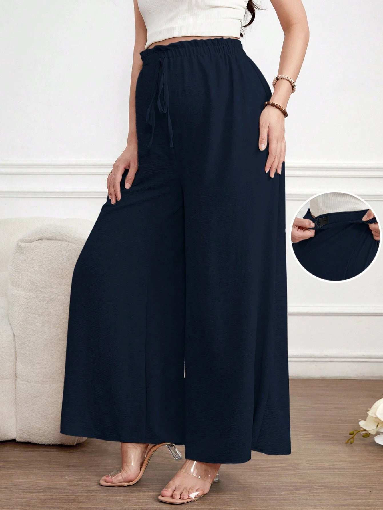 بنطلون نسائي حوامل بخصر عالي واسع معدل المقاس بلون سادة - Pink&blue