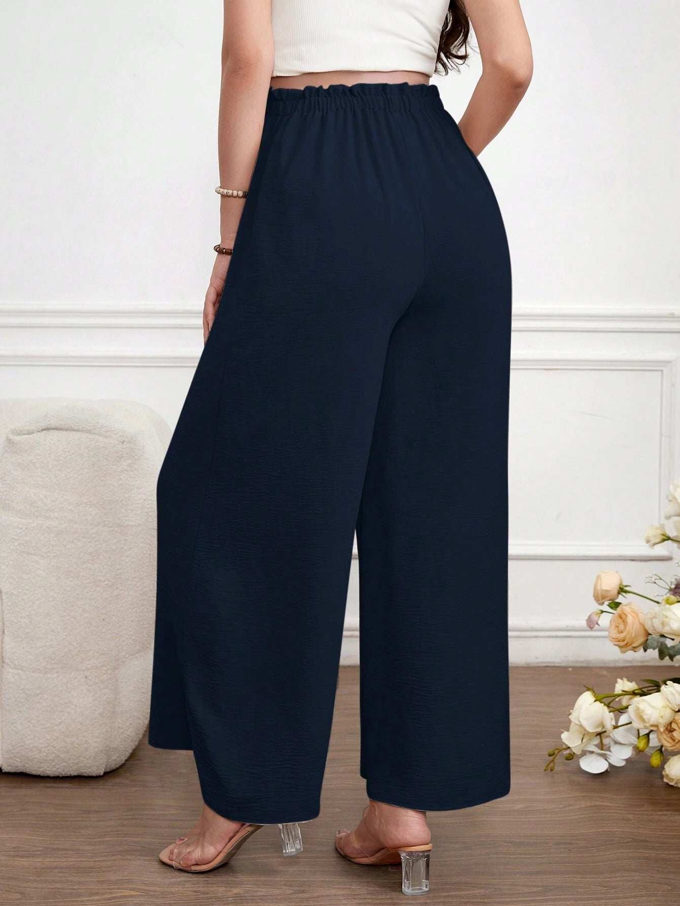 بنطلون نسائي حوامل بخصر عالي واسع معدل المقاس بلون سادة - Pink&blue