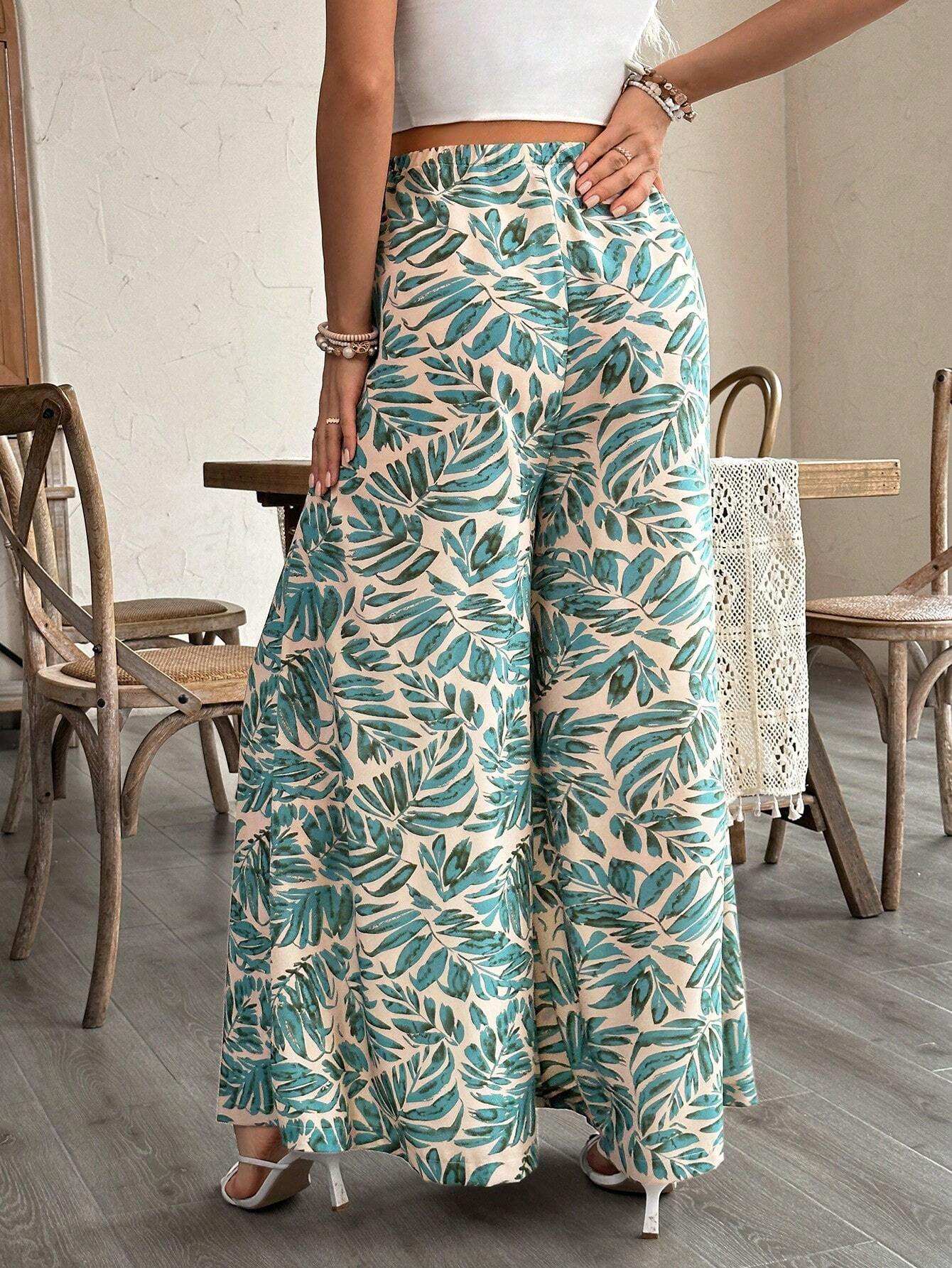 بنطلون كاجوال للحوامل مطبوعة بنقشة الأوراق المتناثرة مناسبة للعطلات والشاطئ - Pink&blue