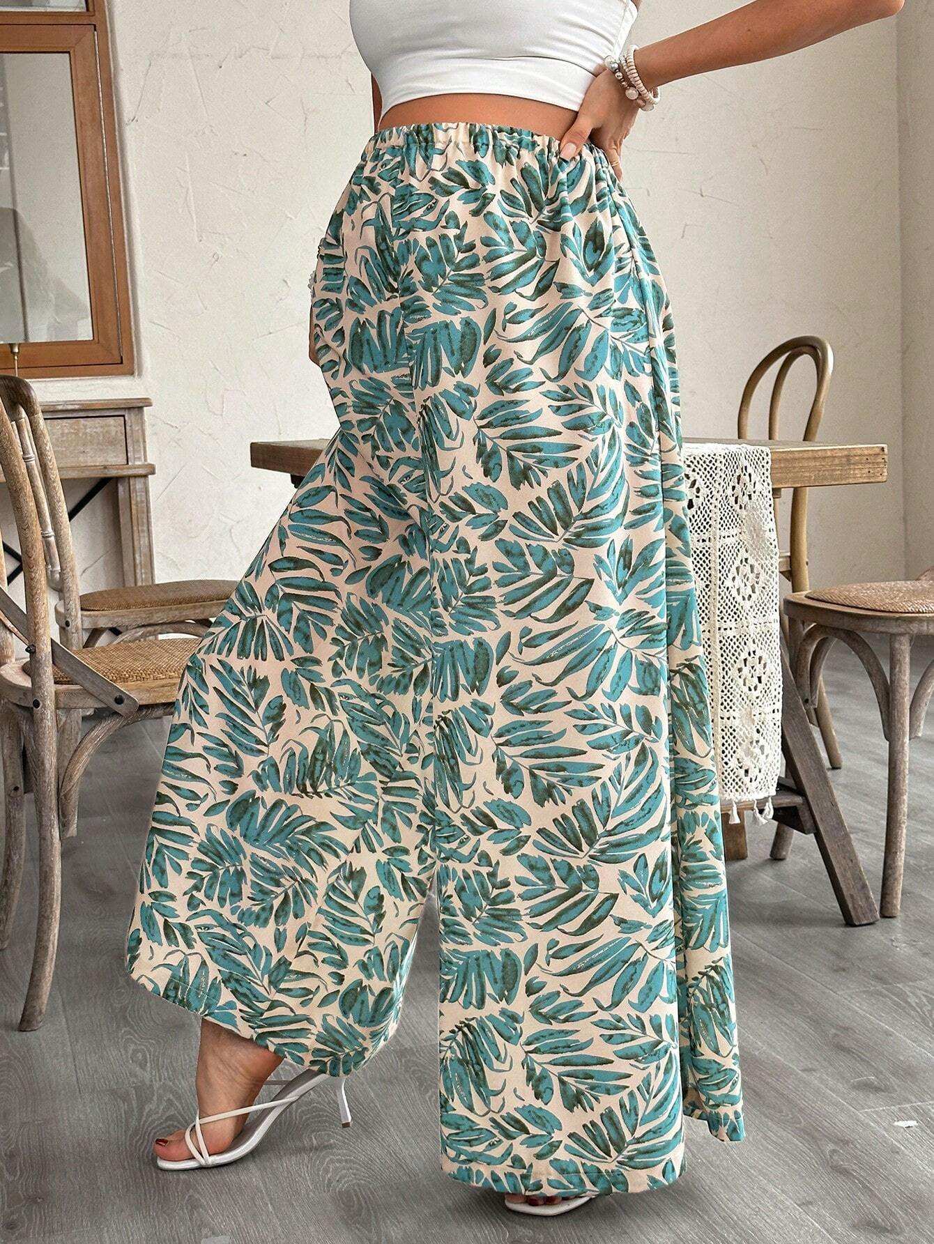 بنطلون كاجوال للحوامل مطبوعة بنقشة الأوراق المتناثرة مناسبة للعطلات والشاطئ - Pink&blue