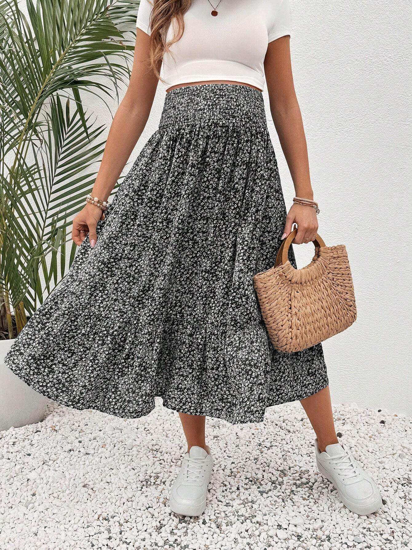 تنورة طيات متدفقة بخصر مطوي ذات رسومات وردية للإجازة الصيفية الحوامل - Pink&blue