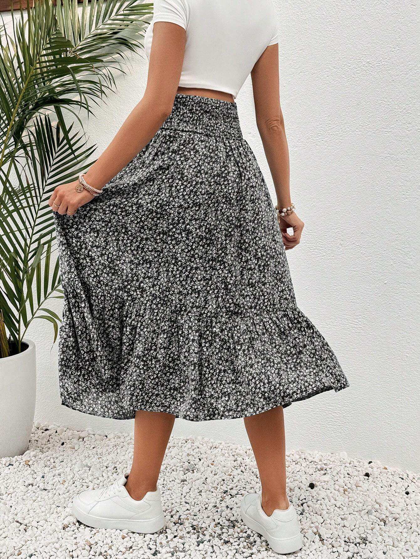 تنورة طيات متدفقة بخصر مطوي ذات رسومات وردية للإجازة الصيفية الحوامل - Pink&blue