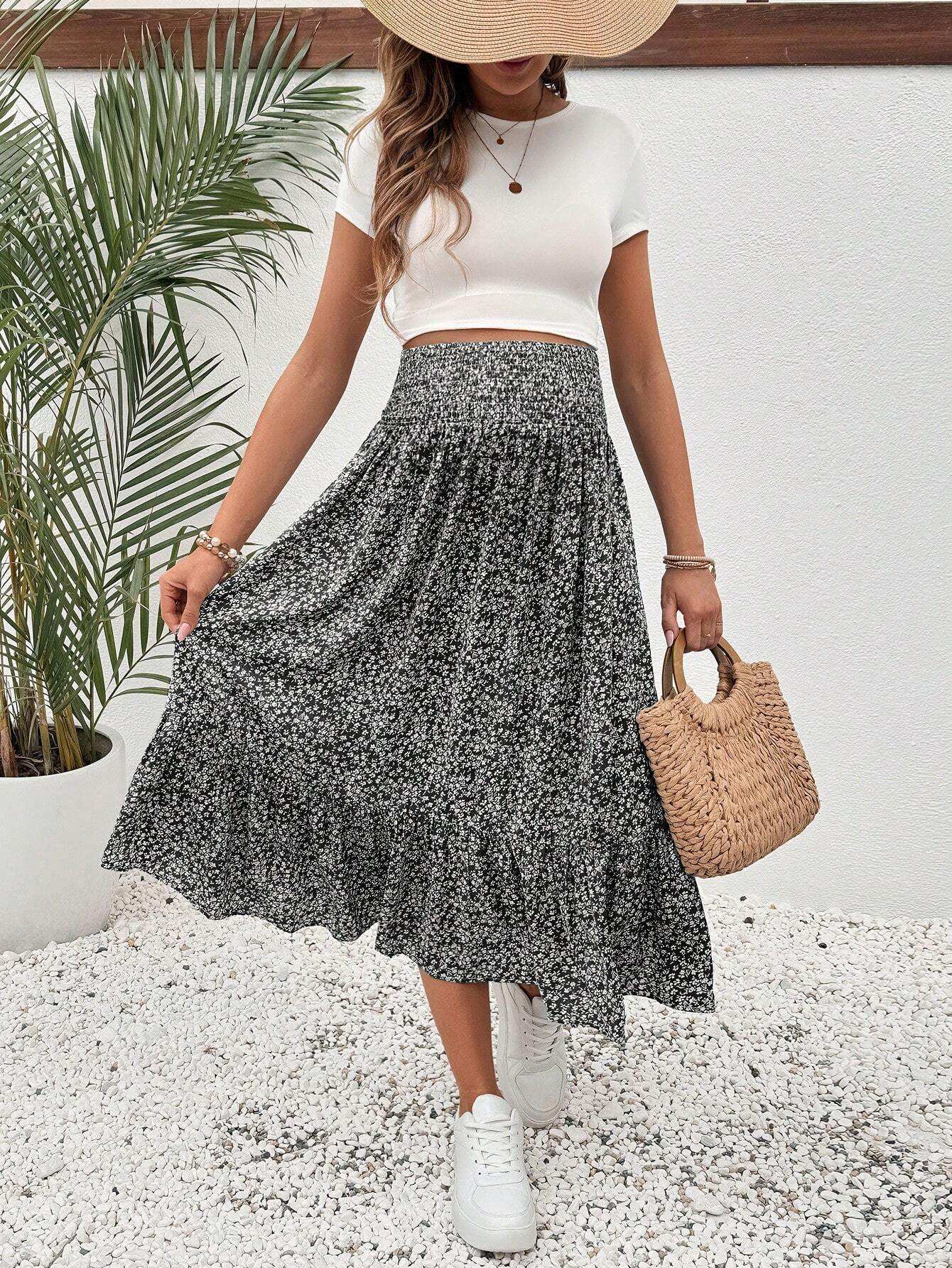 تنورة طيات متدفقة بخصر مطوي ذات رسومات وردية للإجازة الصيفية الحوامل - Pink&blue