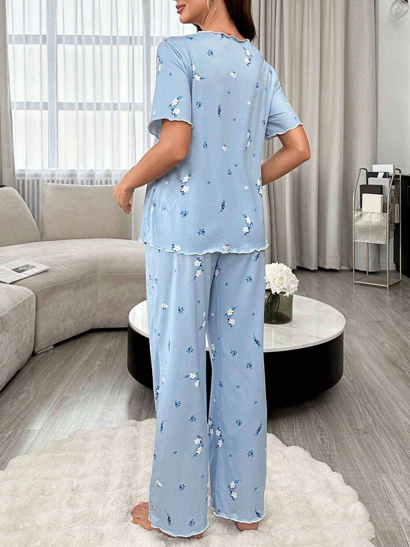 بيجاما حمل بأكمام قصيرة للإرضاع بطبعة الأزهار وبنطلون طويل - Pink&blue