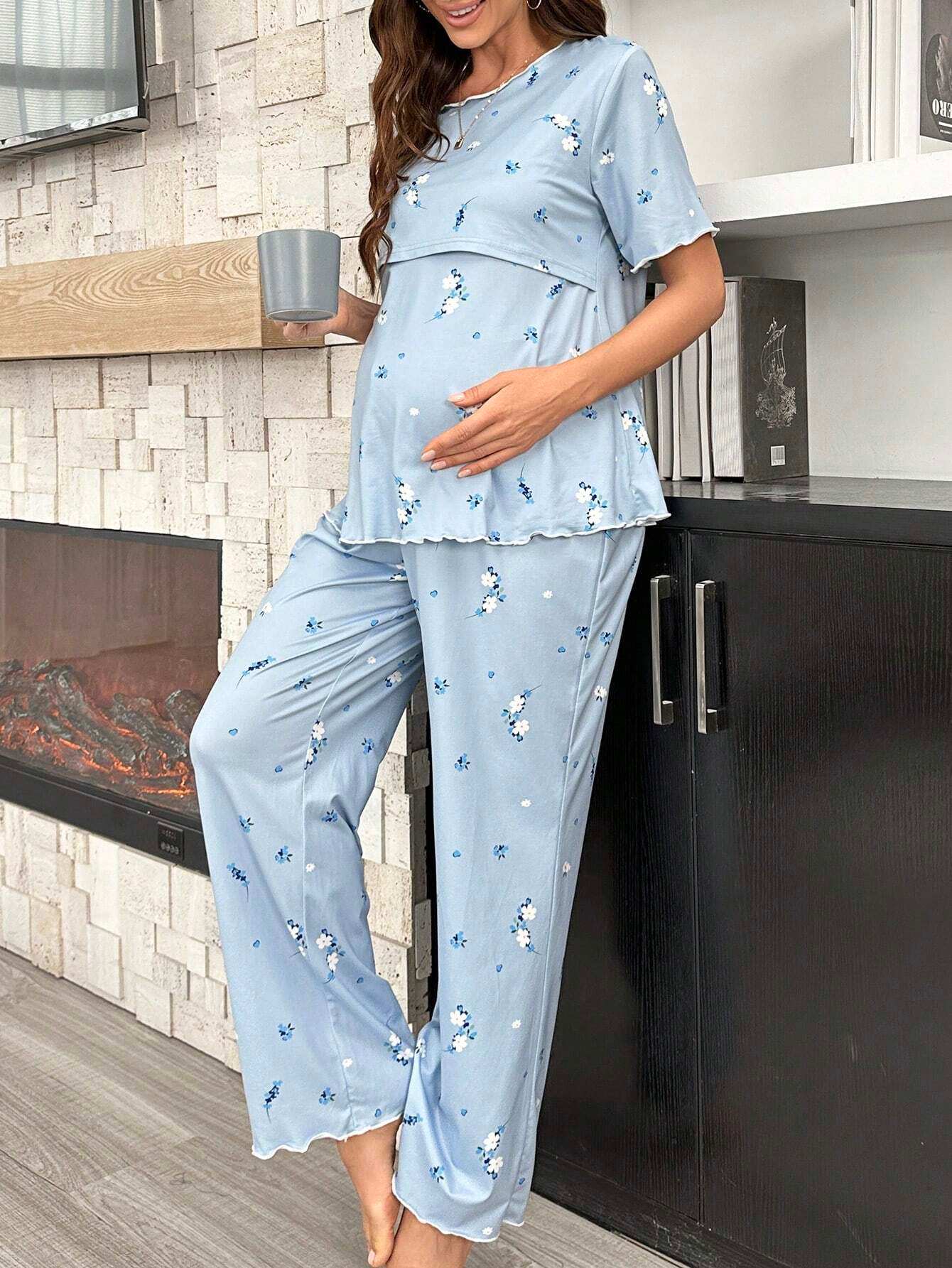 بيجاما حمل بأكمام قصيرة للإرضاع بطبعة الأزهار وبنطلون طويل - Pink&blue