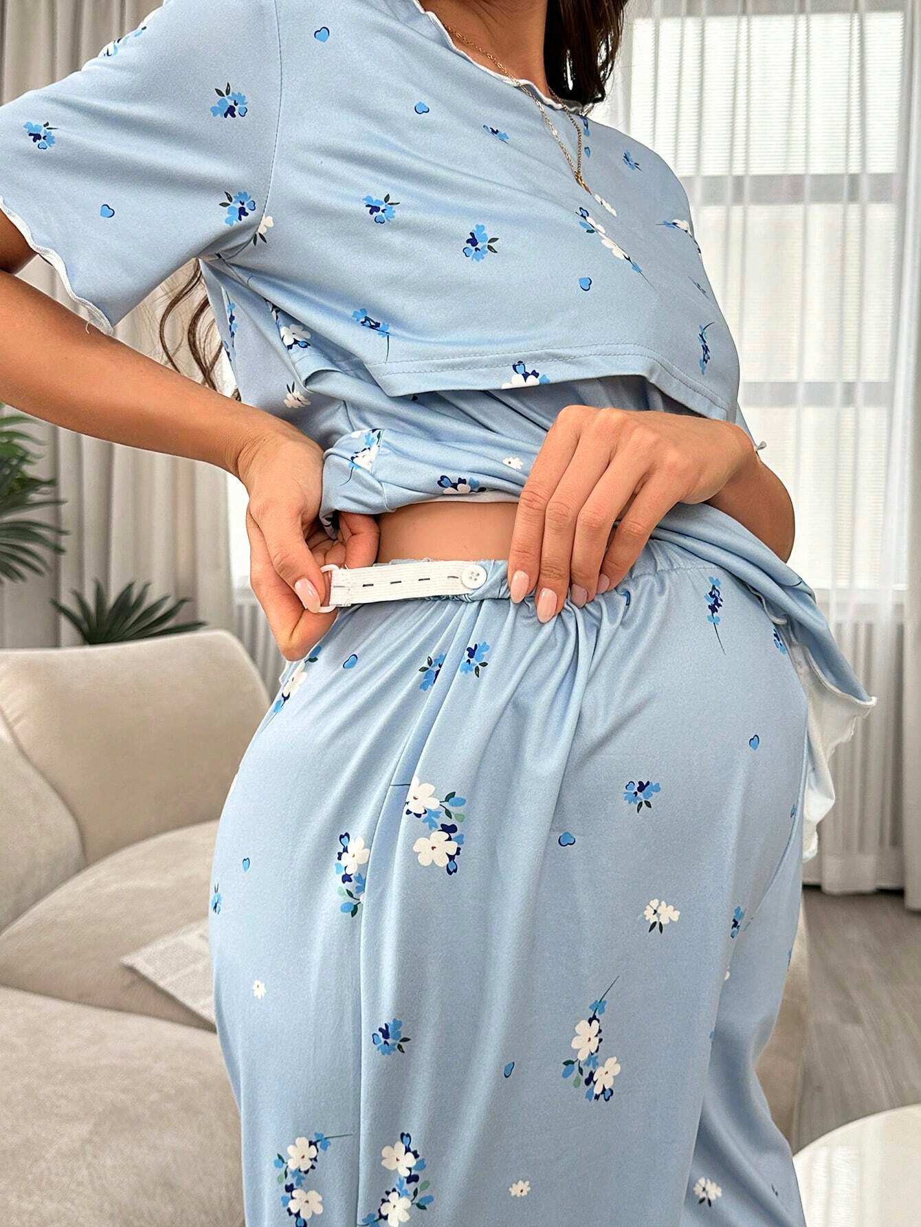 بيجاما حمل بأكمام قصيرة للإرضاع بطبعة الأزهار وبنطلون طويل - Pink&blue