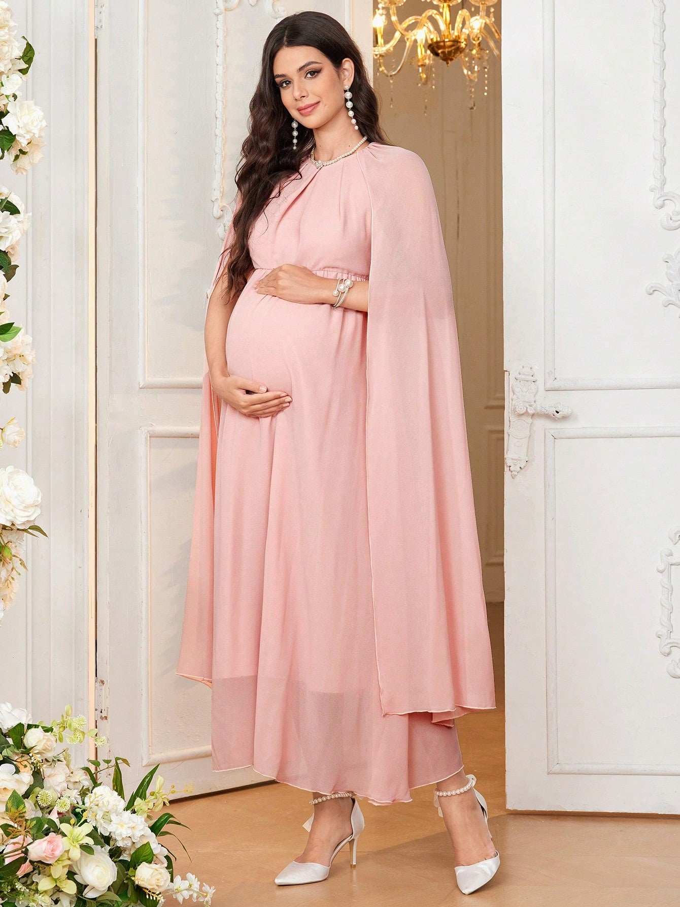 فستان ملائم برقبة دائرية وأكمام طويلة متوسعة مريح للحوامل وأنيق وشاب وناضج، للعطلات - Pink&blue