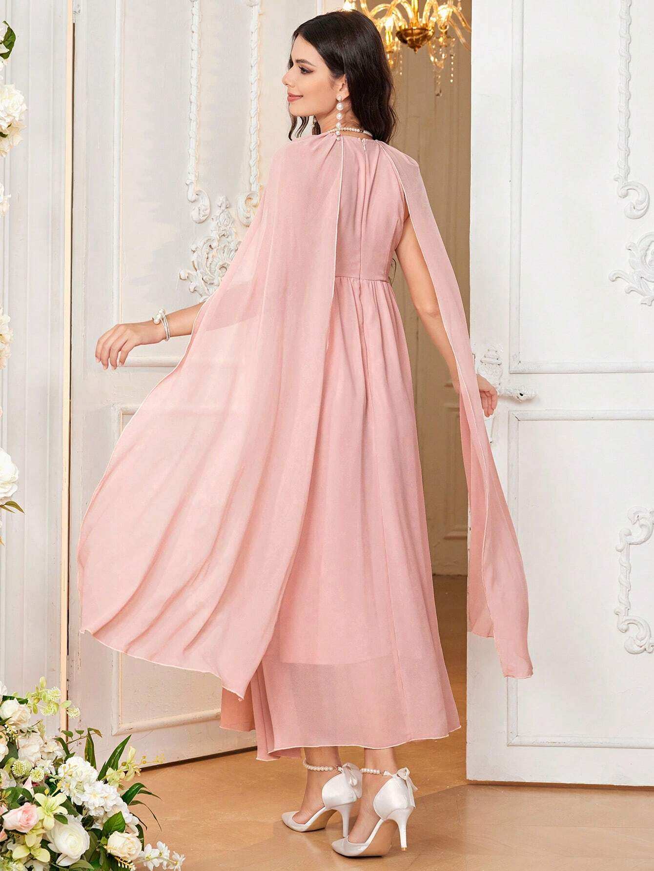 فستان ملائم برقبة دائرية وأكمام طويلة متوسعة مريح للحوامل وأنيق وشاب وناضج، للعطلات - Pink&blue