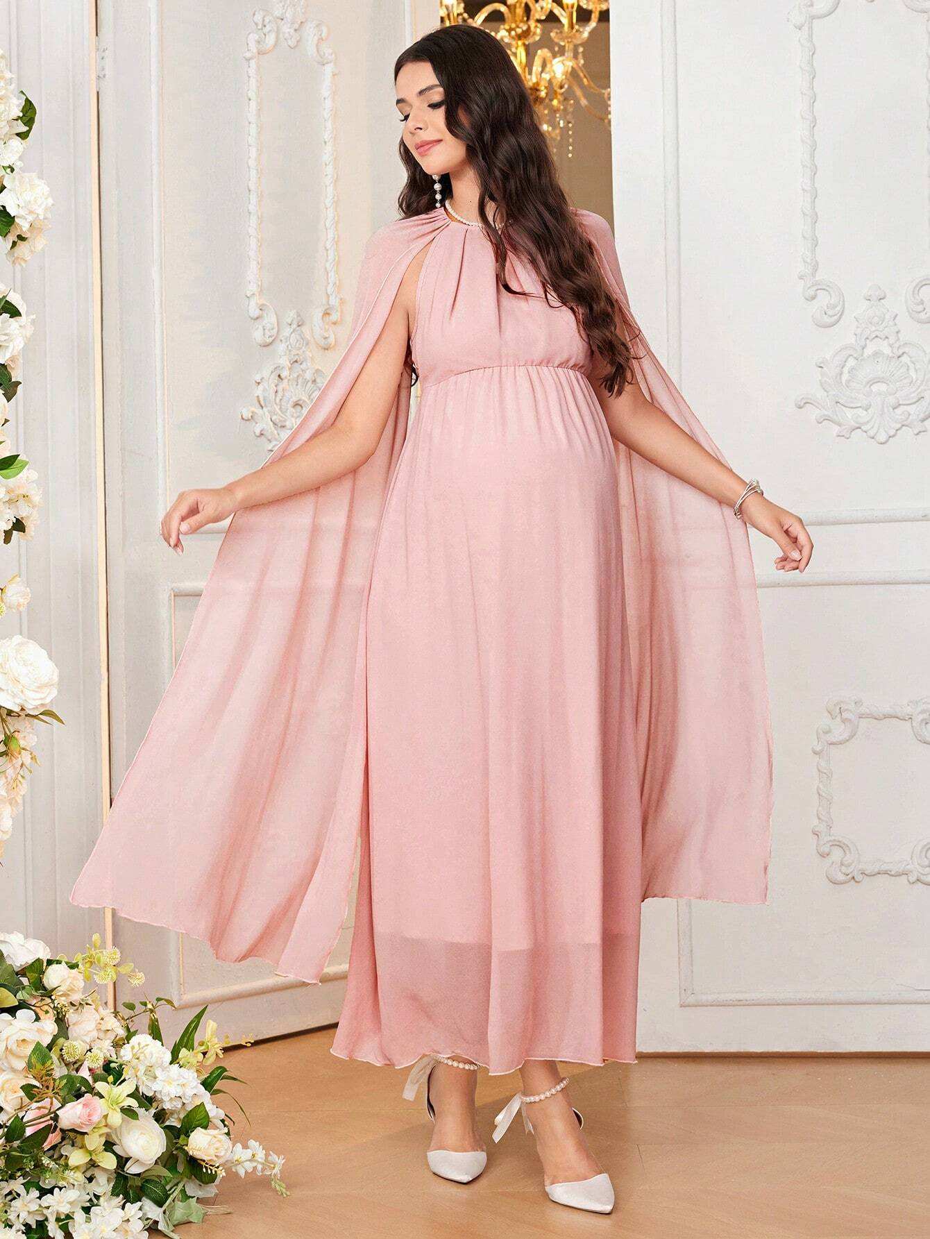 فستان ملائم برقبة دائرية وأكمام طويلة متوسعة مريح للحوامل وأنيق وشاب وناضج، للعطلات - Pink&blue