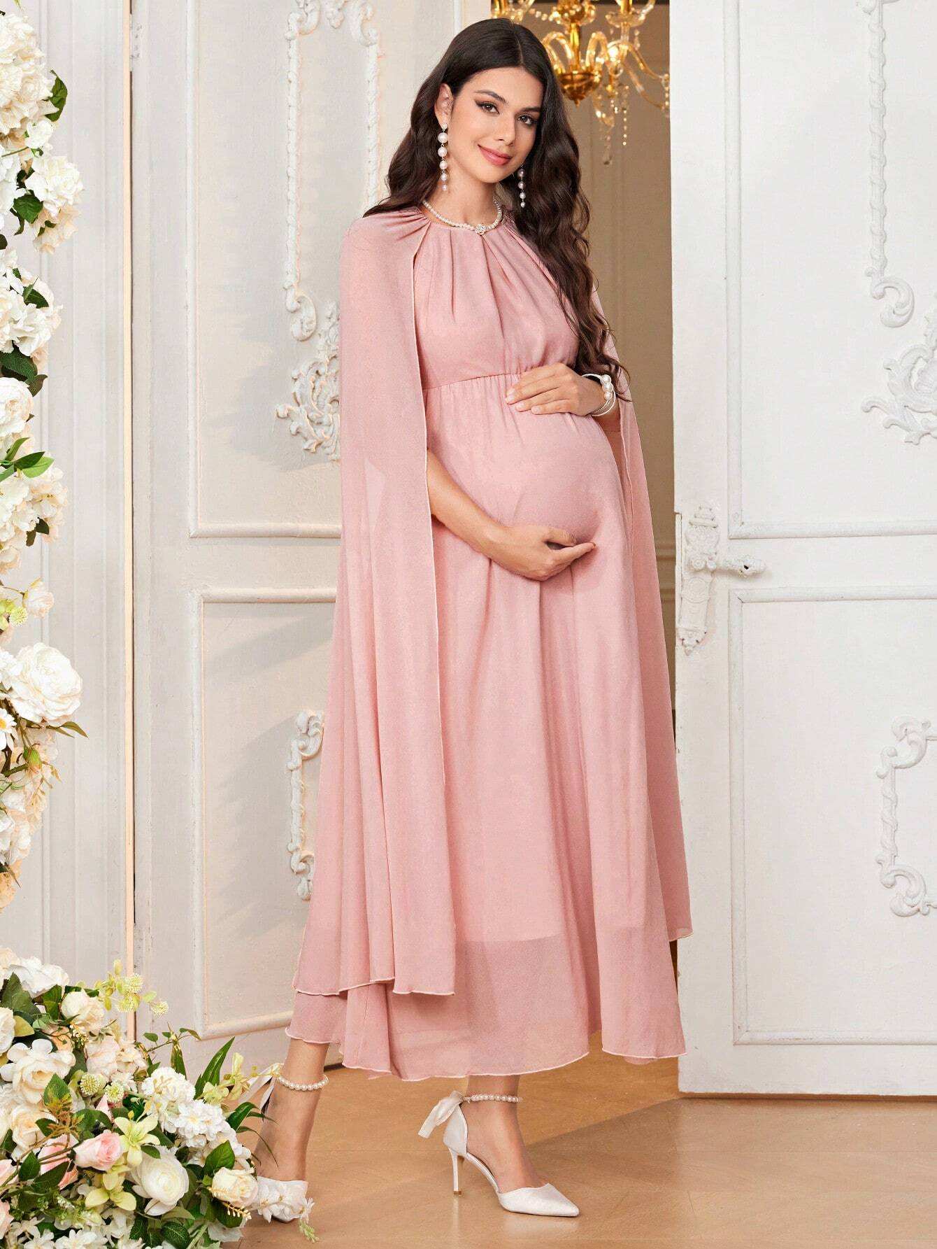 فستان ملائم برقبة دائرية وأكمام طويلة متوسعة مريح للحوامل وأنيق وشاب وناضج، للعطلات - Pink&blue