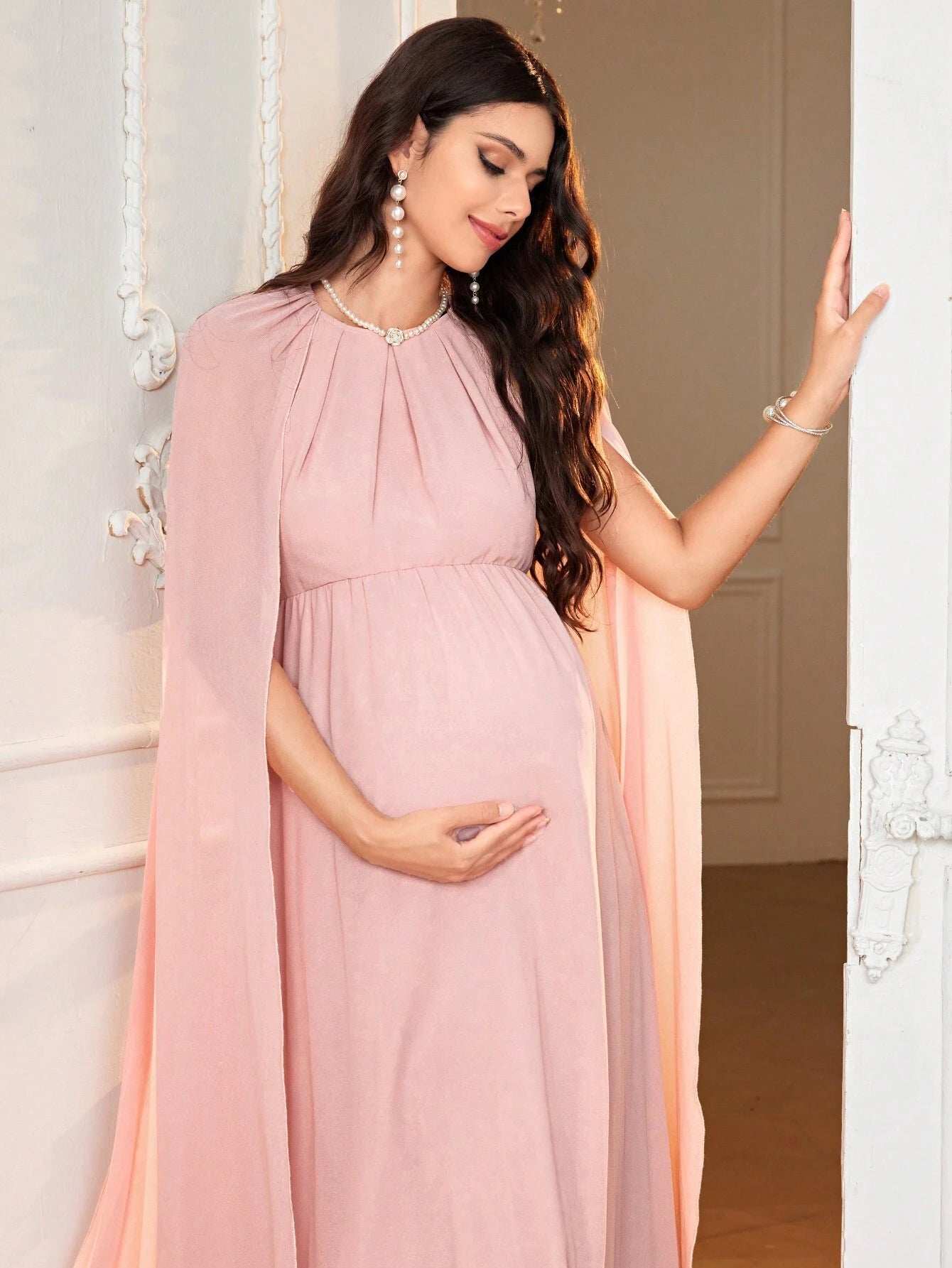 فستان ملائم برقبة دائرية وأكمام طويلة متوسعة مريح للحوامل وأنيق وشاب وناضج، للعطلات - Pink&blue