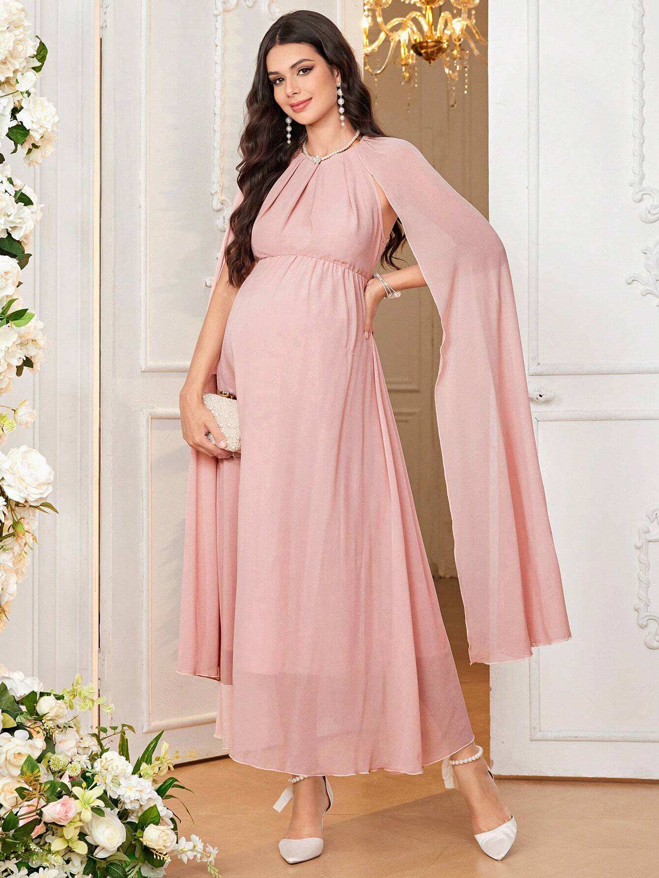 فستان ملائم برقبة دائرية وأكمام طويلة متوسعة مريح للحوامل وأنيق وشاب وناضج، للعطلات - Pink&blue