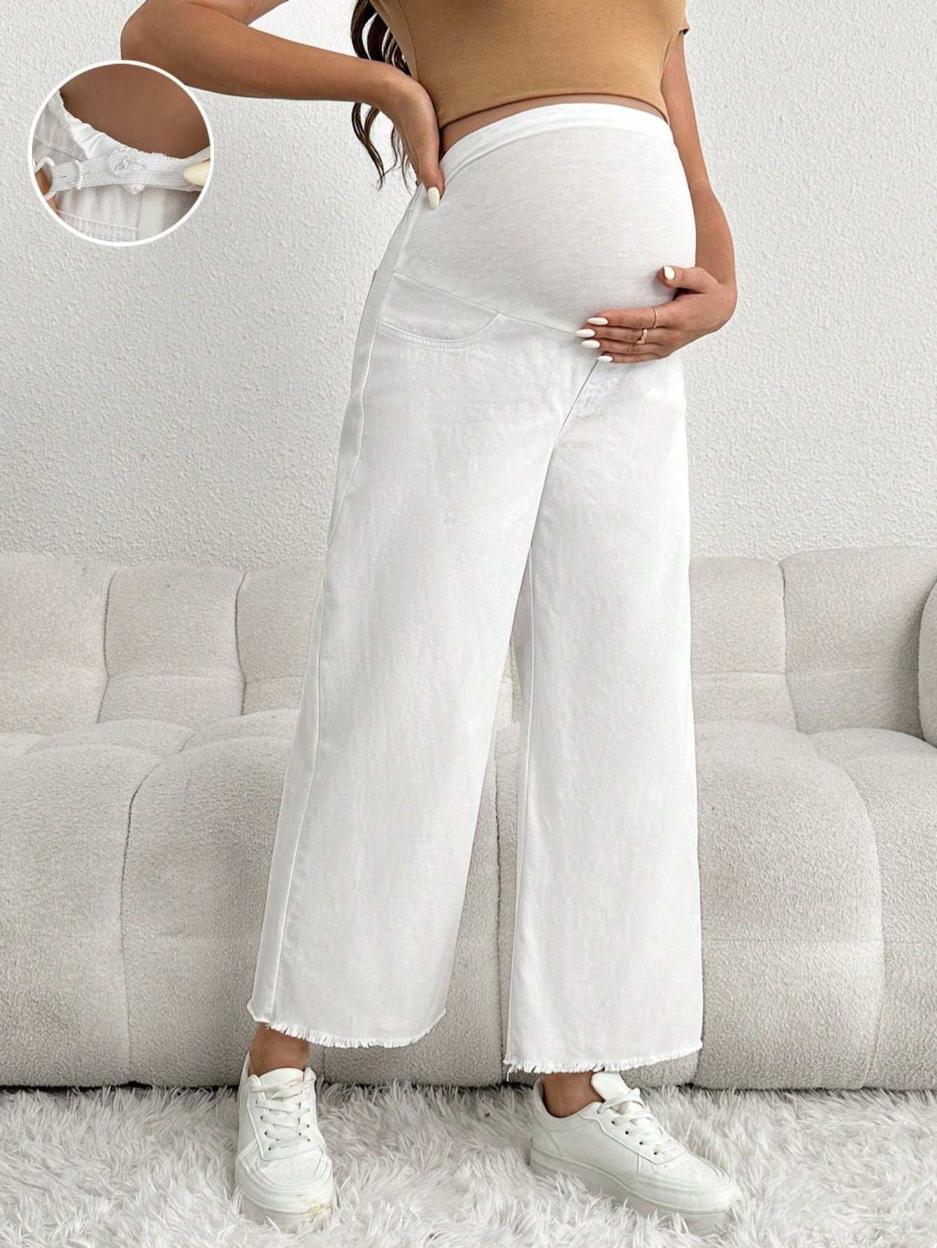 بنطلون جينز أبيض فضفاض للحمل، ملابس كاجوال مع خصر أبيض، سراويل حمل - Pink&blue