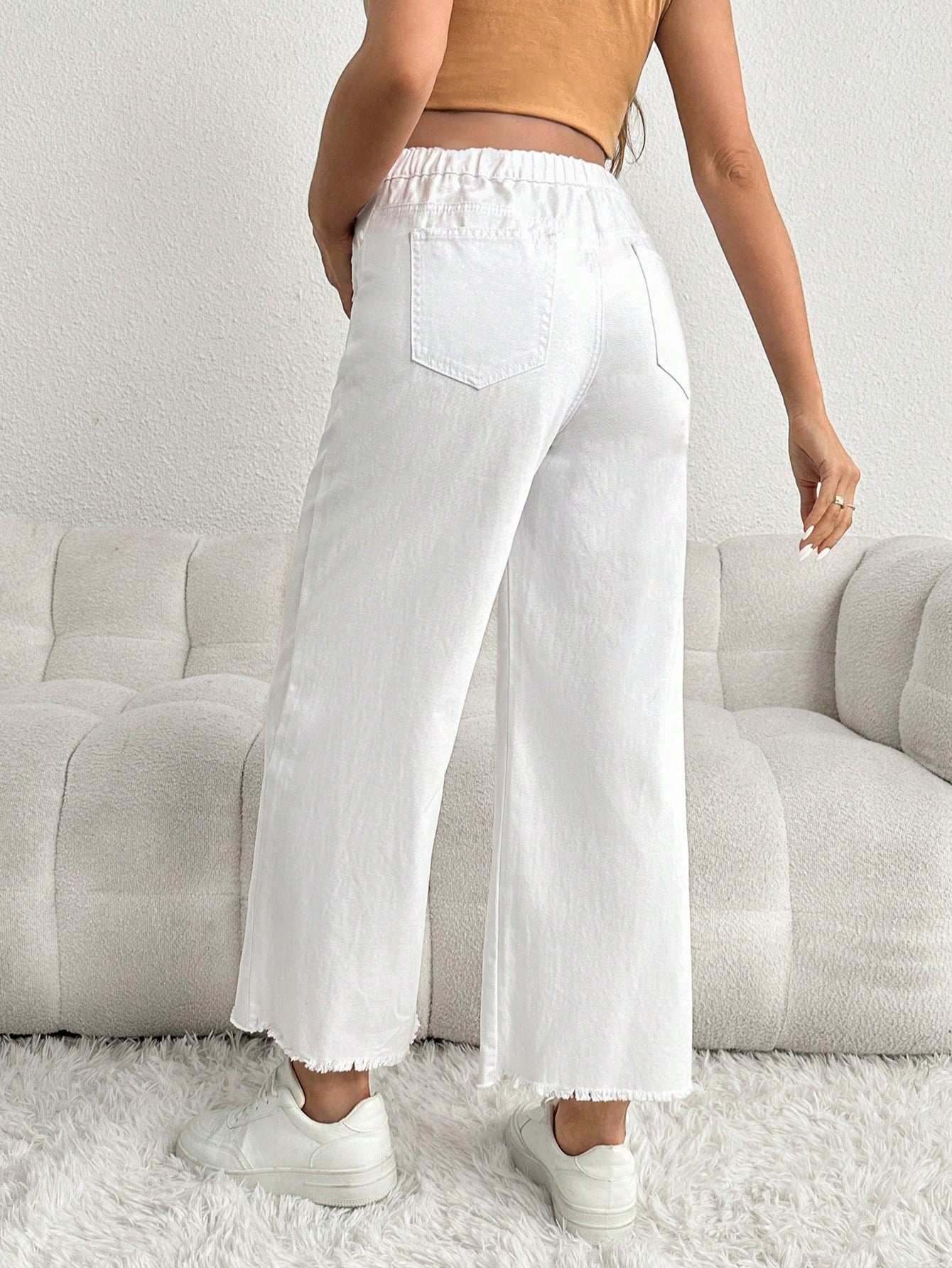 بنطلون جينز أبيض فضفاض للحمل، ملابس كاجوال مع خصر أبيض، سراويل حمل - Pink&blue