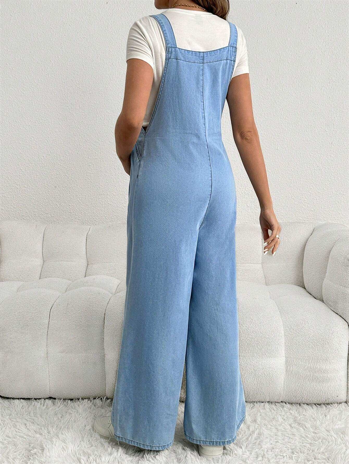 أوفرأول حمل فضفاض باللون الأزرق وتحتوي على حمالات كتف قابلة للتعديل وطويلة ومصنوعة من الدنيم - Pink&blue