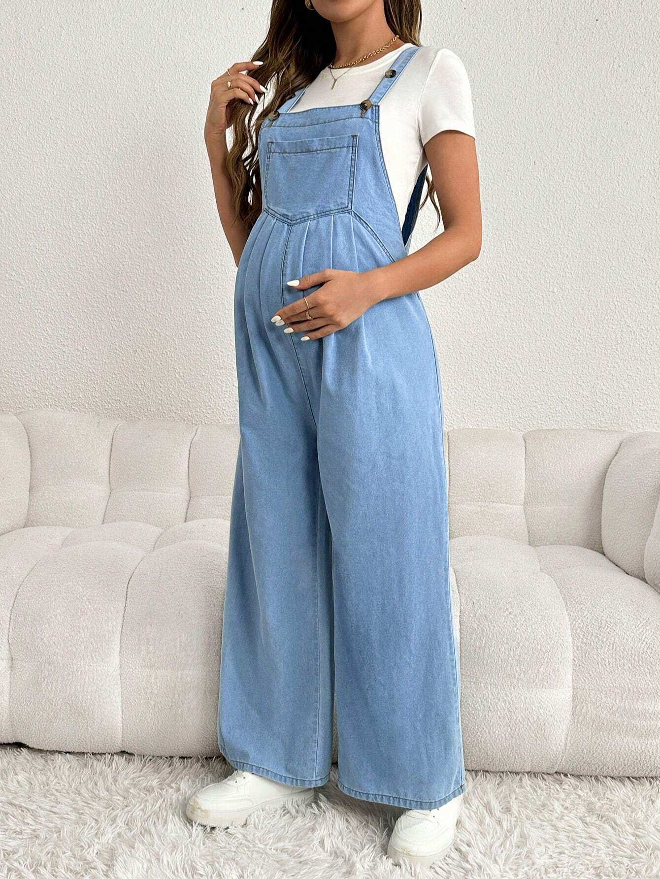 أوفرأول حمل فضفاض باللون الأزرق وتحتوي على حمالات كتف قابلة للتعديل وطويلة ومصنوعة من الدنيم - Pink&blue