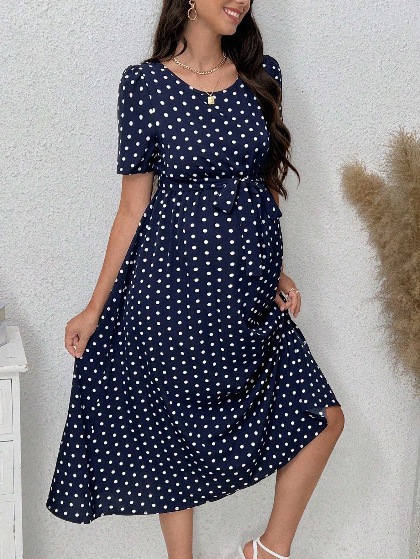 فستان حوامل ذو طبعات نقاط بسيط للاستخدام اليومي، أكمام قصيرة - Pink&blue