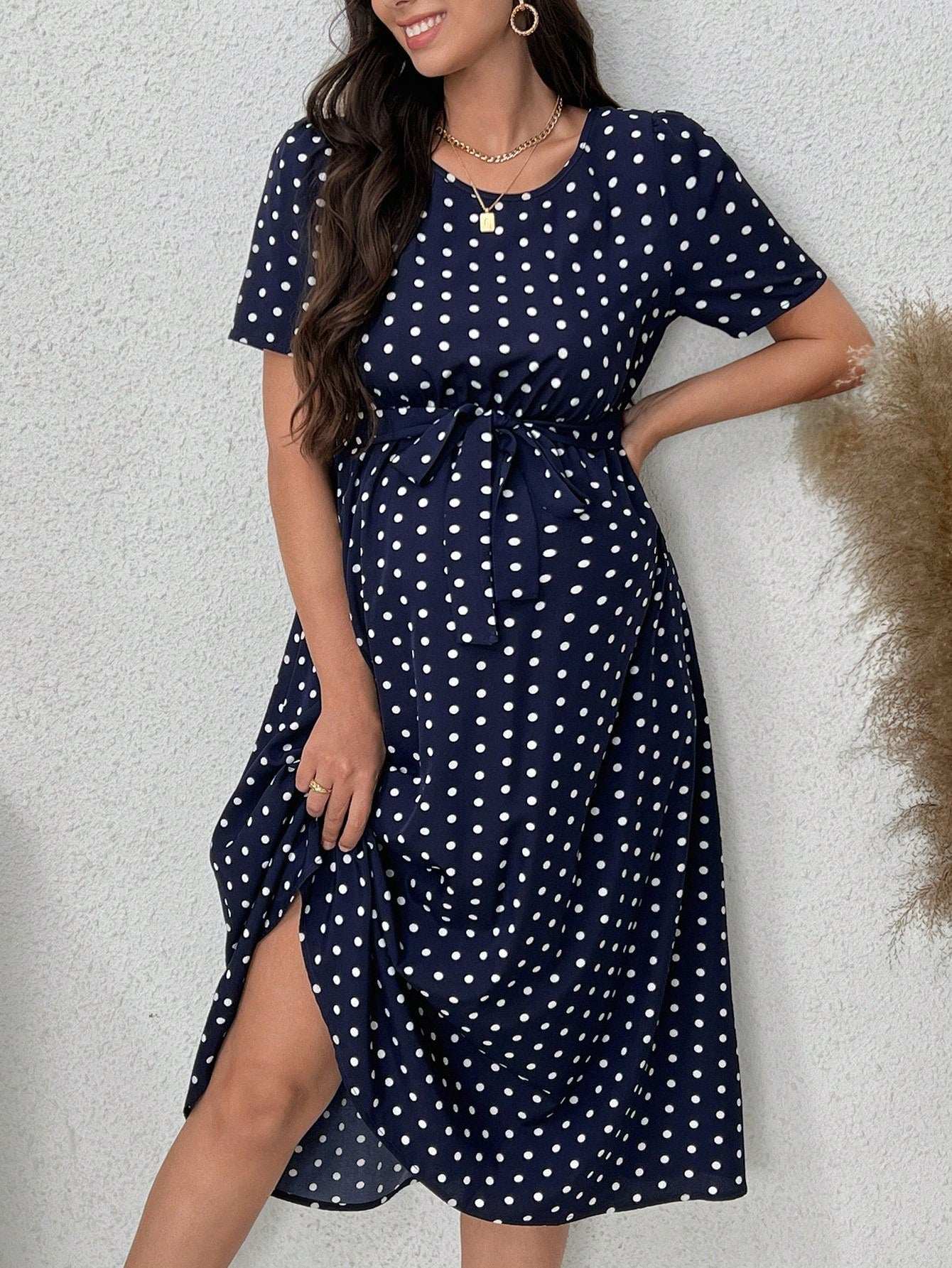 فستان حوامل ذو طبعات نقاط بسيط للاستخدام اليومي، أكمام قصيرة - Pink&blue