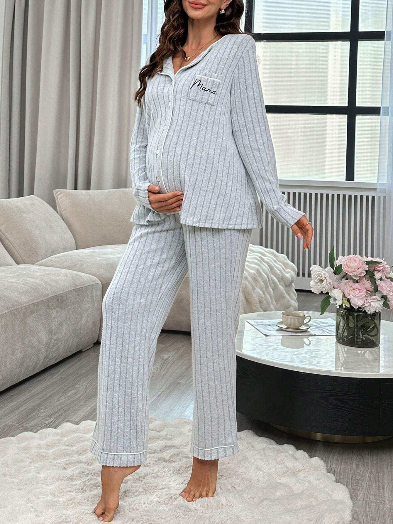 مجموعة بنطال وبلوزة طويلة الأكمام من الصوف المنسوج المطبوع بطباعة حروف الجيب للحمل - Pink&blue