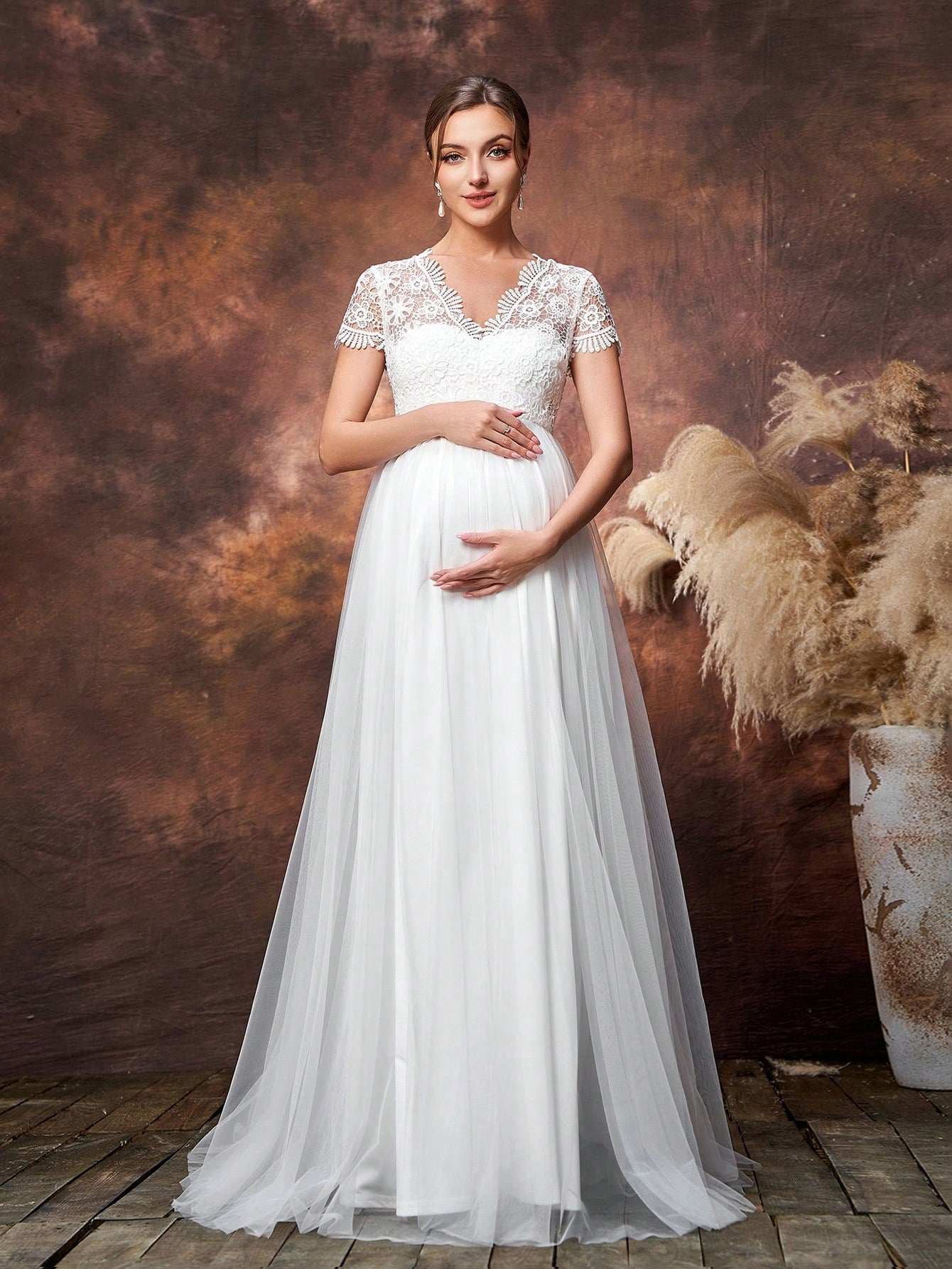 فستان حفلة أنيق للأمومة ببطانة من الدانتيل وأسفل من التول متباين - Pink&blue