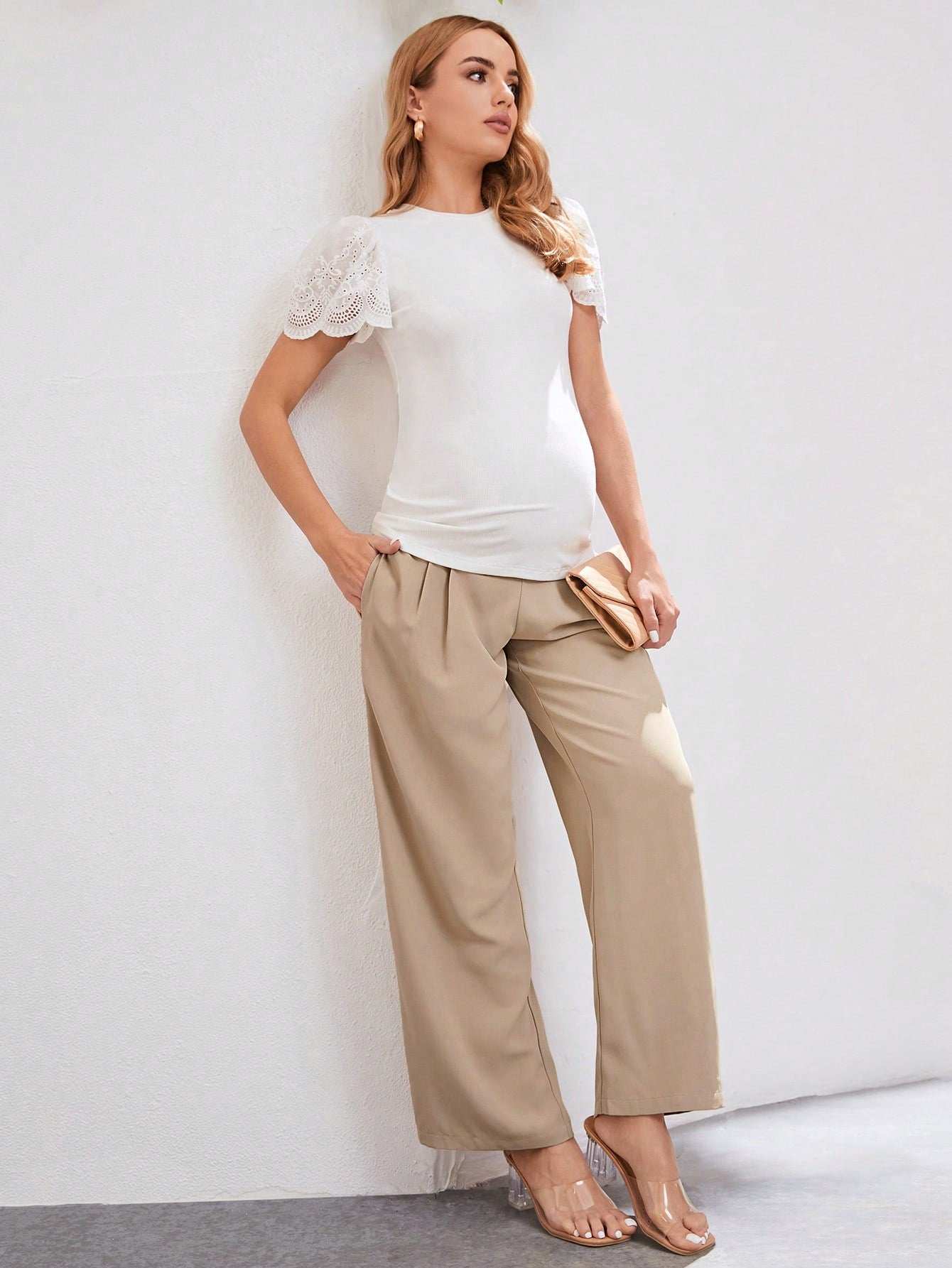 بنطلون بساق مستقيم تجاعيد مطوية بخصر قابل للتعديل للأمومة - Pink&blue